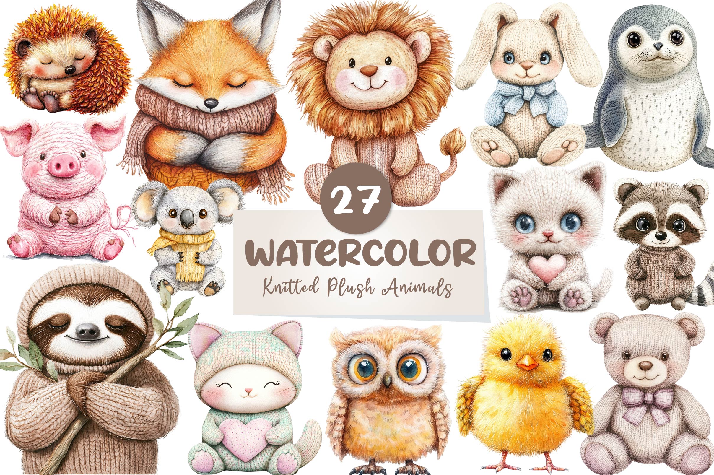 Knitted Plush Baby Animals Clipart Bundle