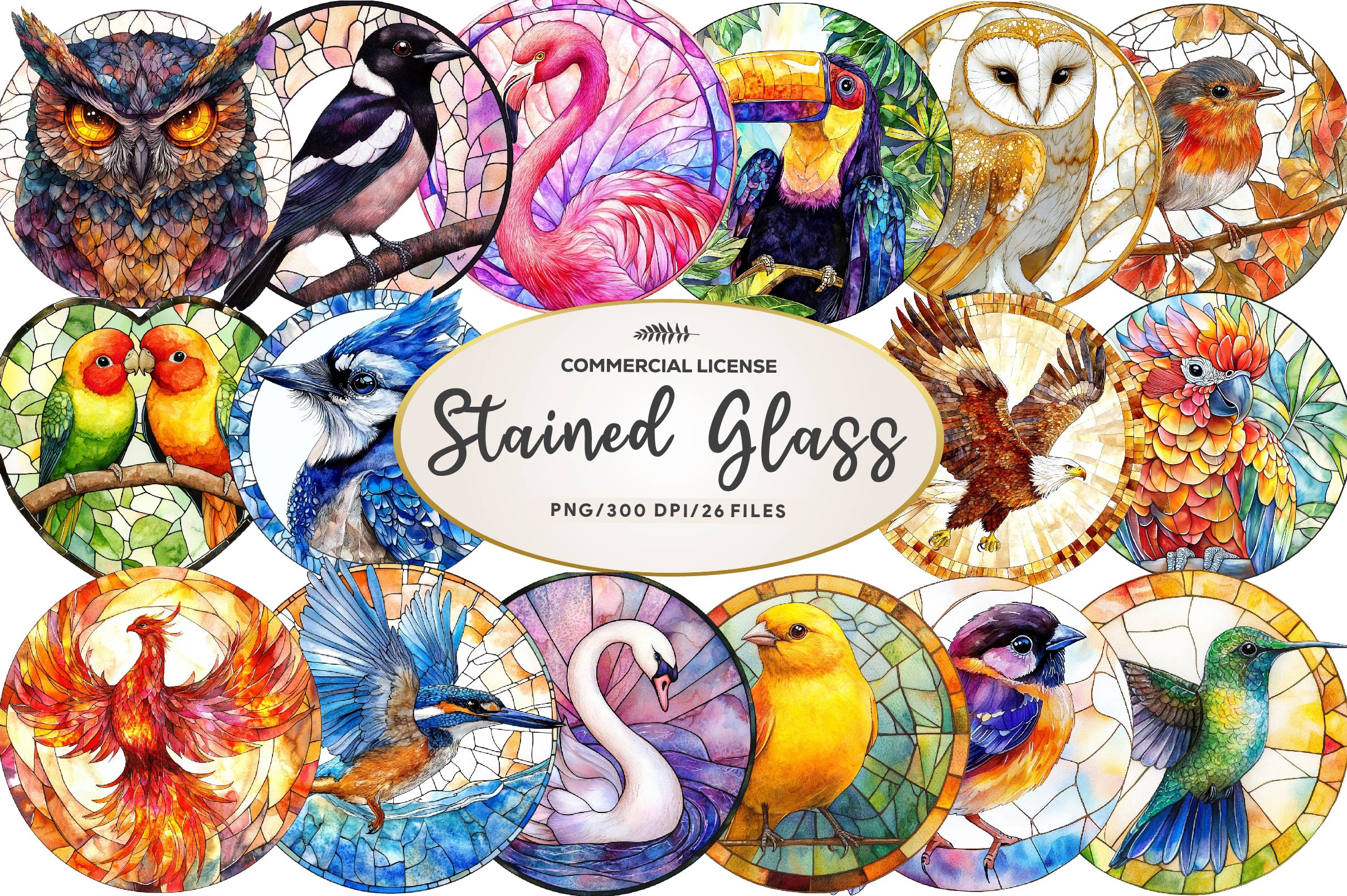 Round Stained Glass Birds Clipart Bundle