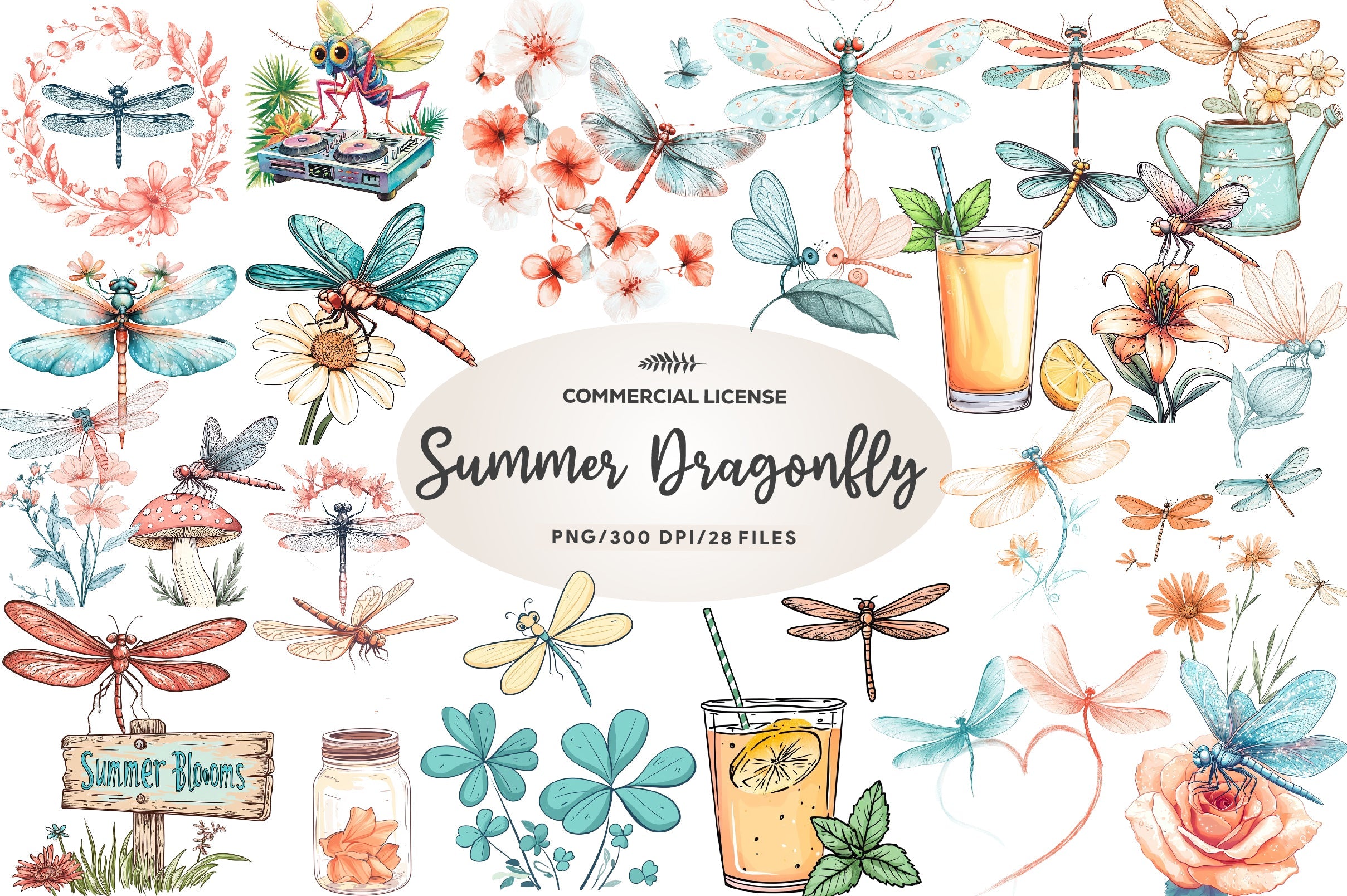 Summer Dragonfly Garden Clipart Bundle