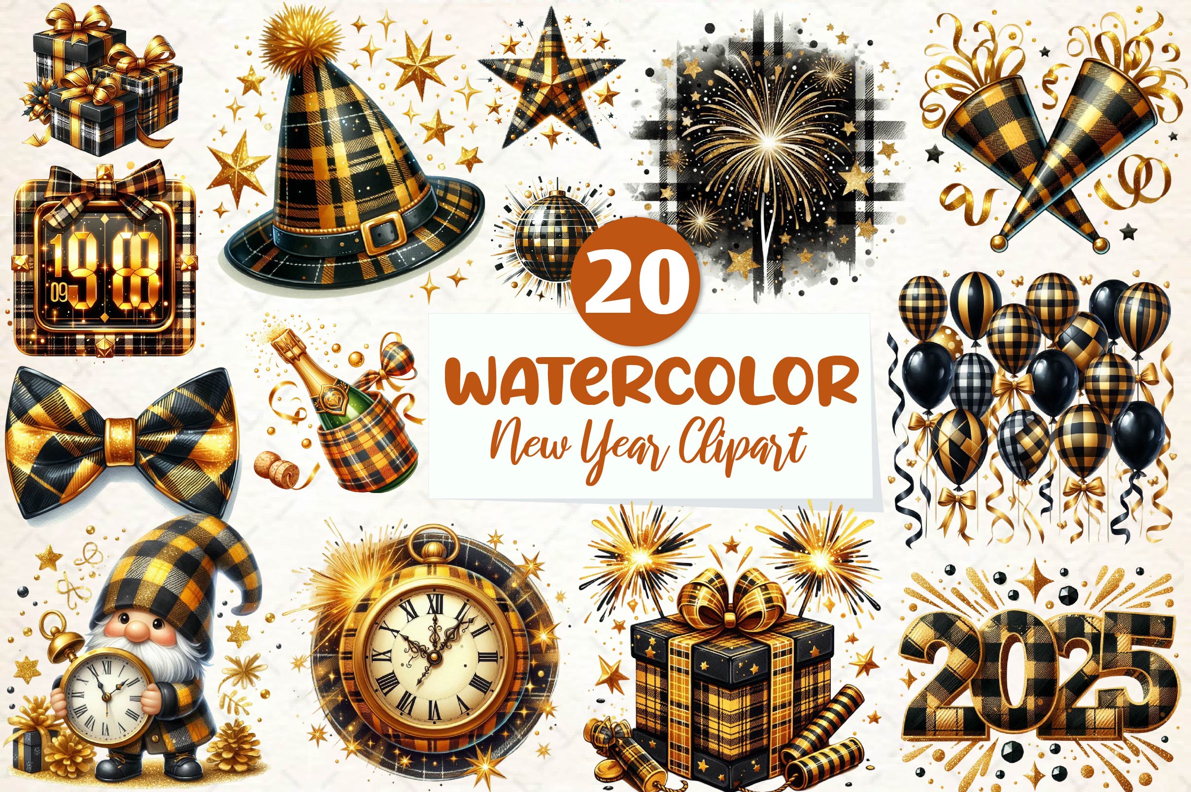 Golden And Black New Year Clipart Bundle