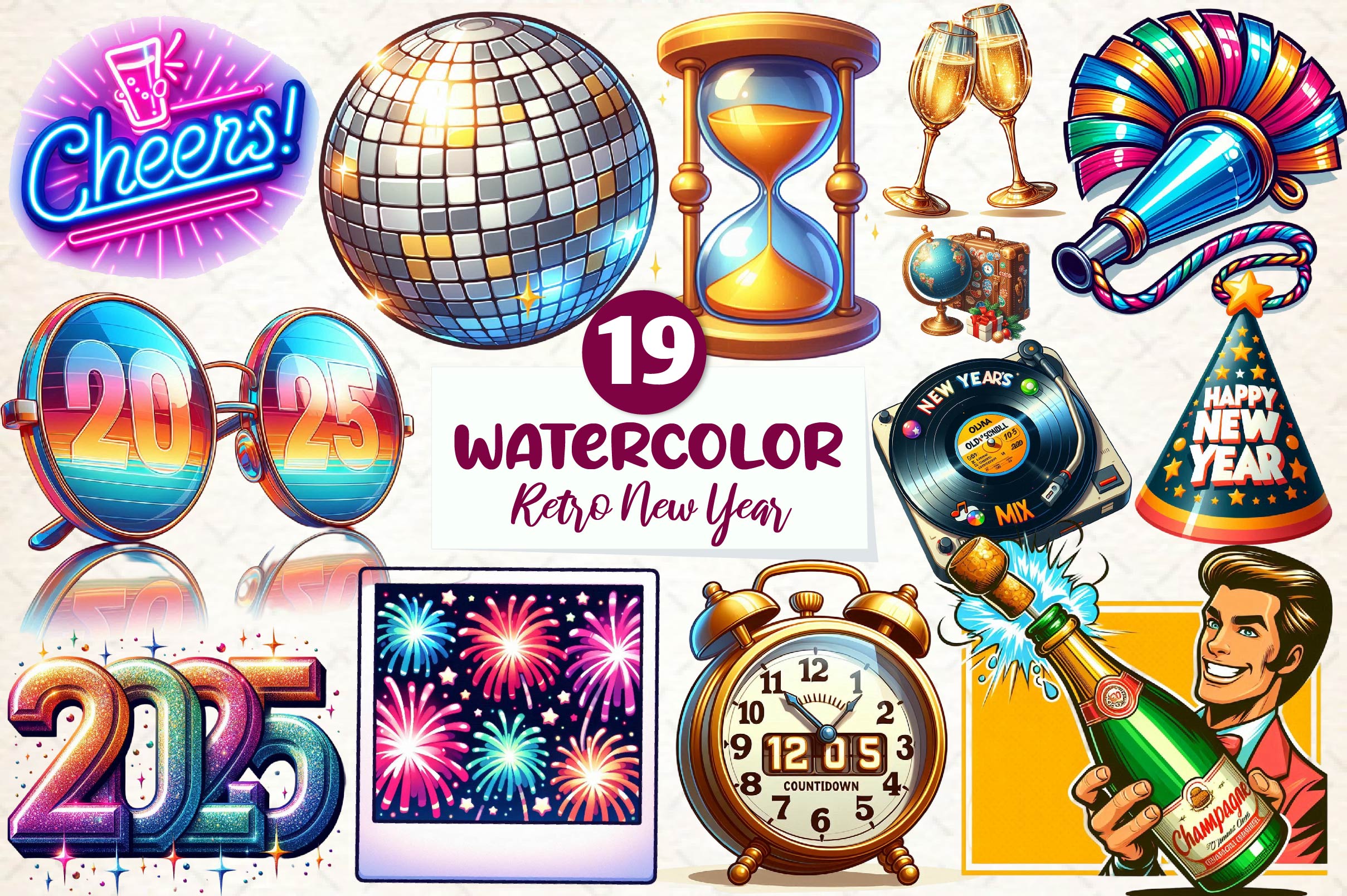 Retro New Year Clipart Bundle