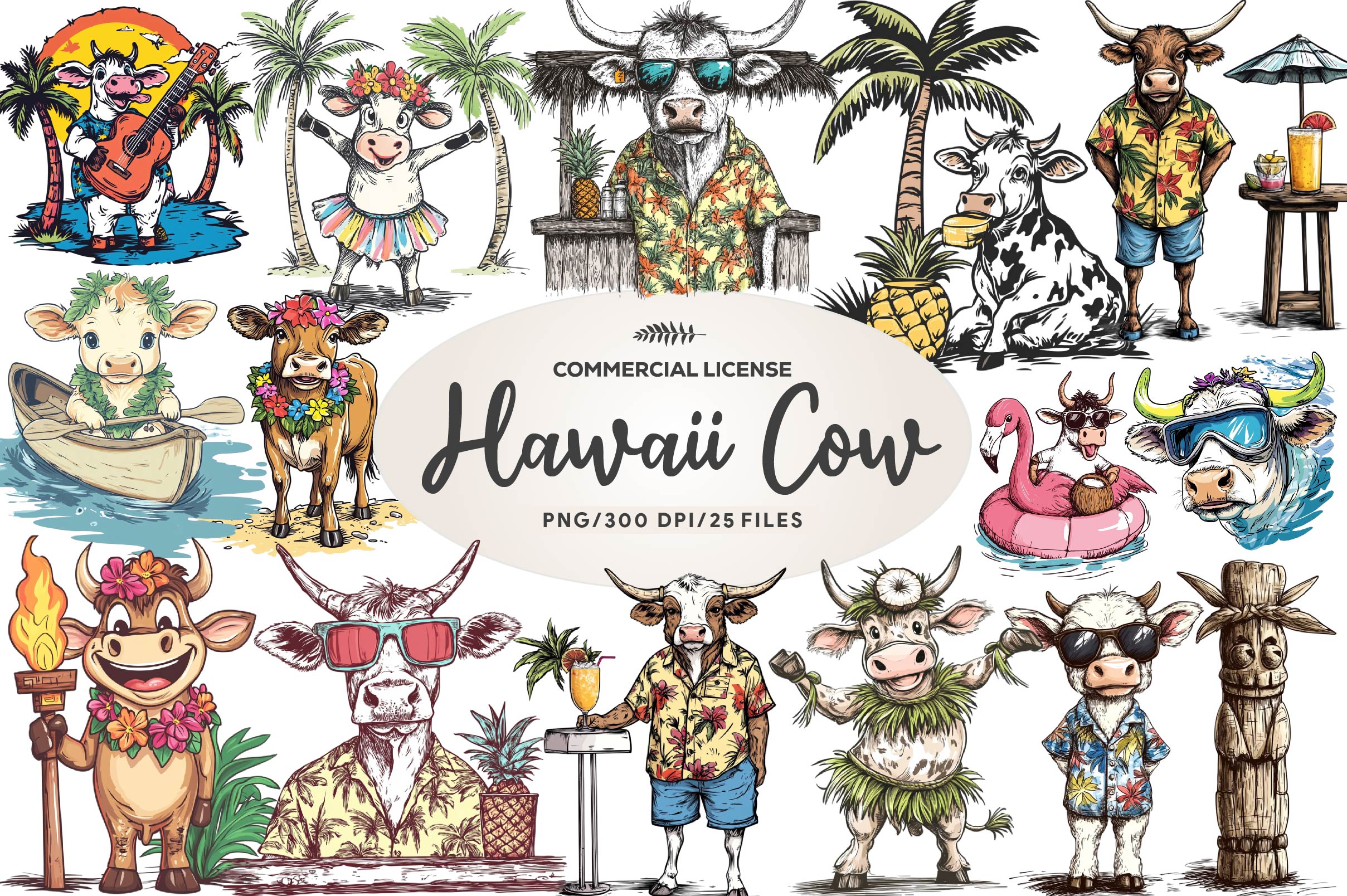Summer Hawaii Cow Clipart Bundle