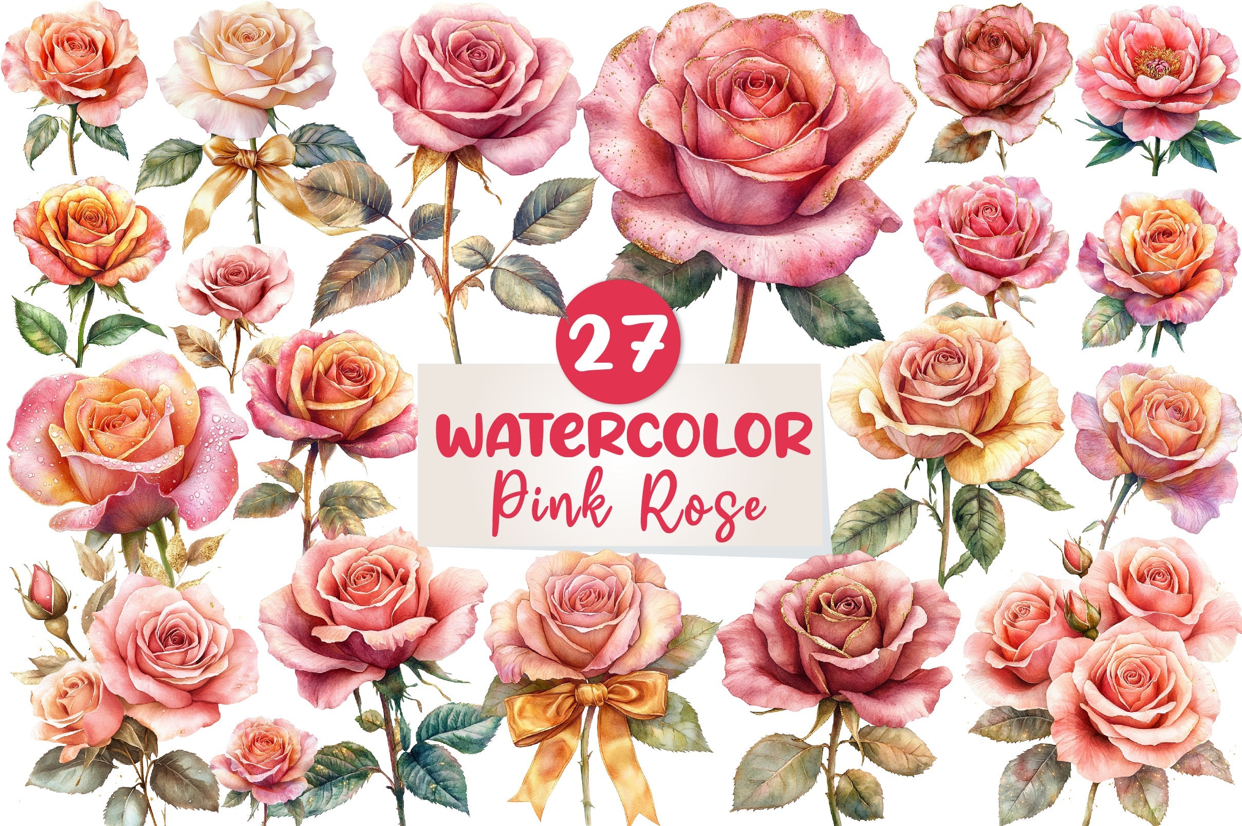 Pink And Gold Rose Clipart Bundle