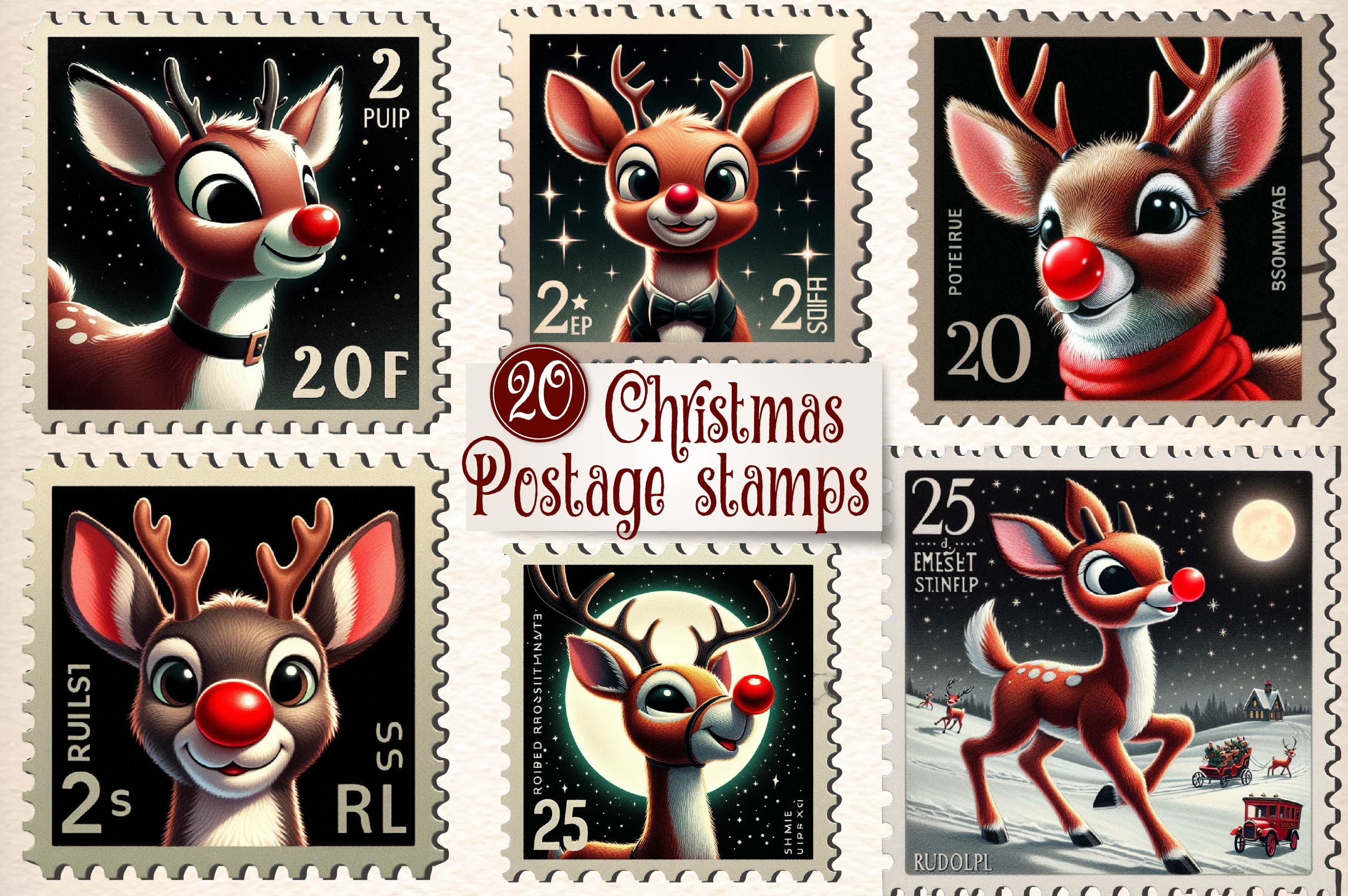 Christmas Reindeer Postage Stamps Clipart Bundle