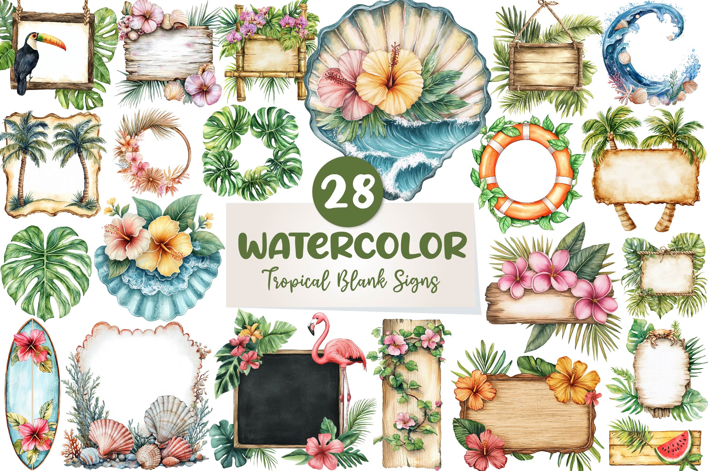 Summer Tropical Blank Signs Clipart Bundle