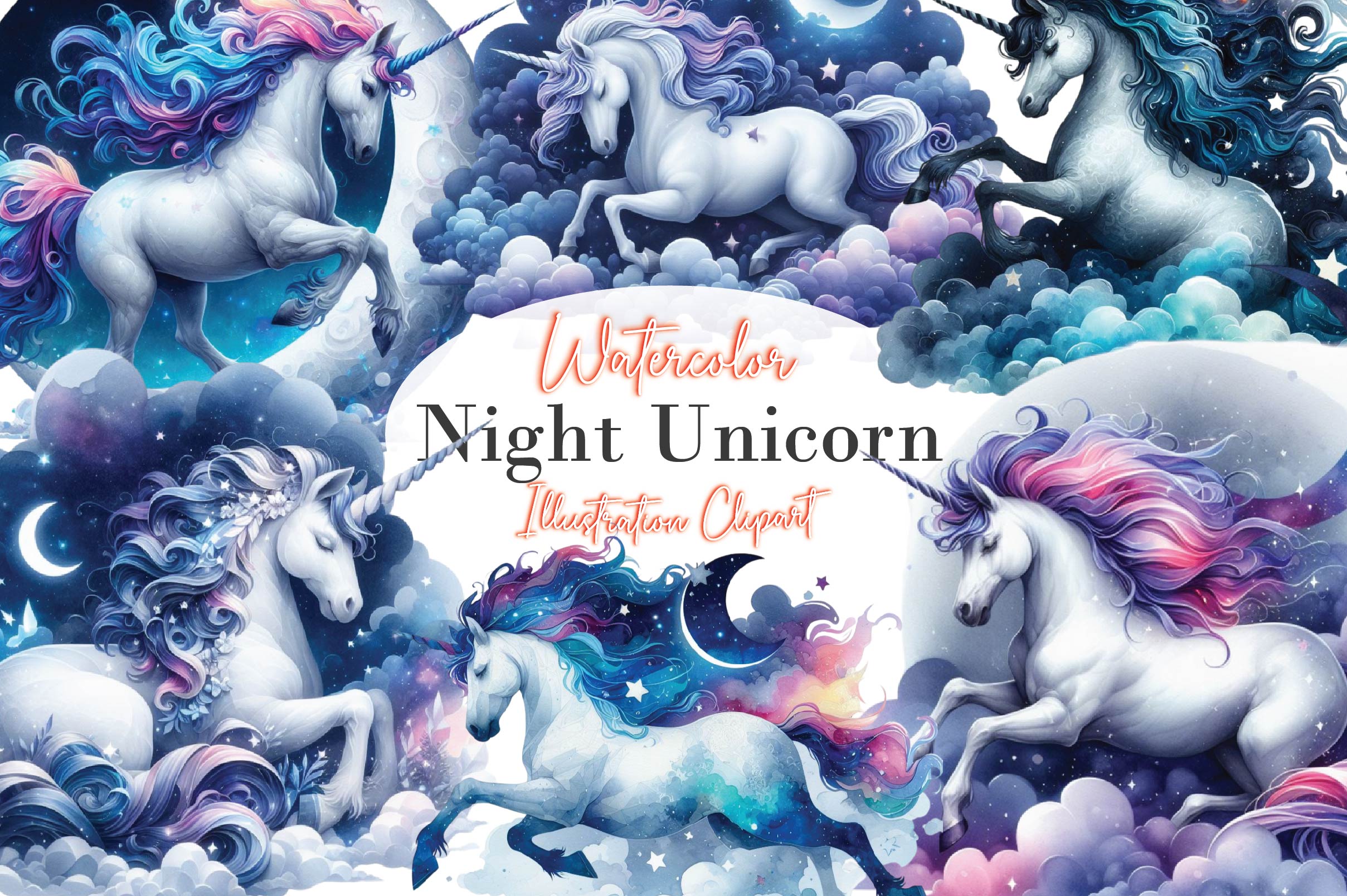 Night Unicorn Clipart Bundle 1