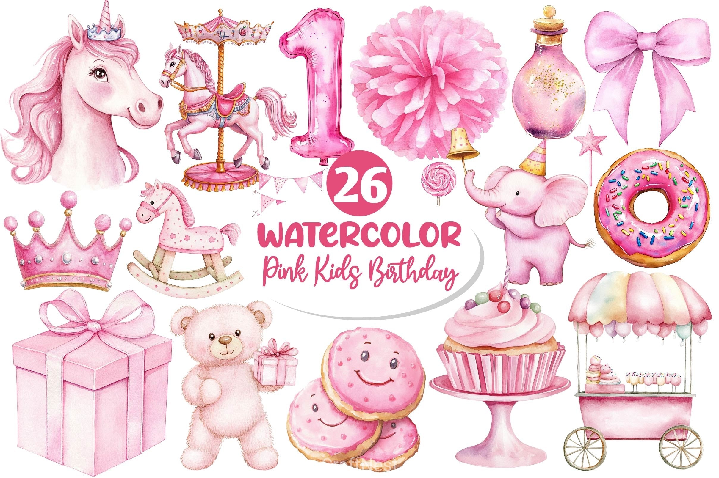 Pink Kids Birthday Clipart Bundle