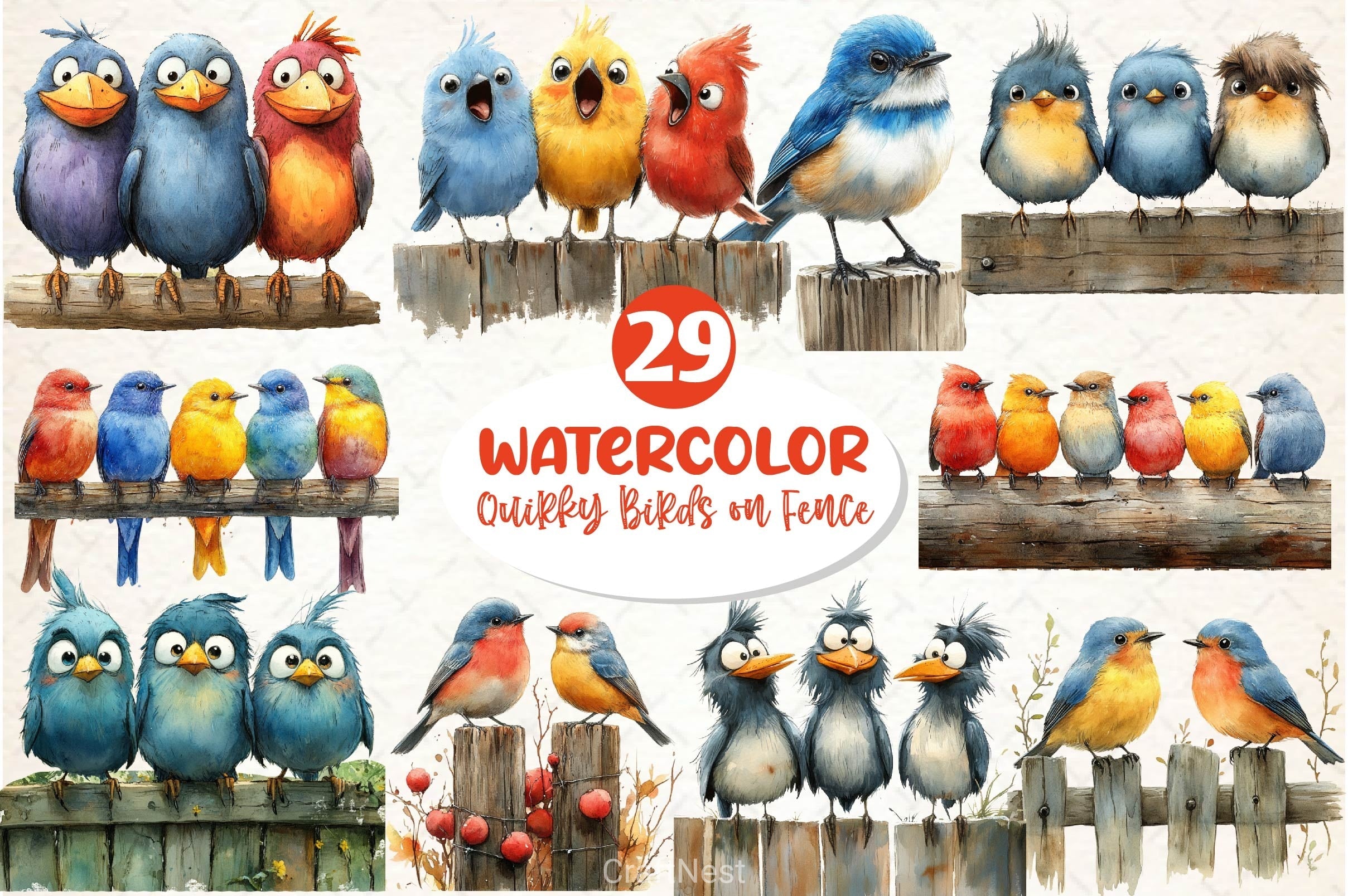 Quirky Birds On Fence Clipart Bundle