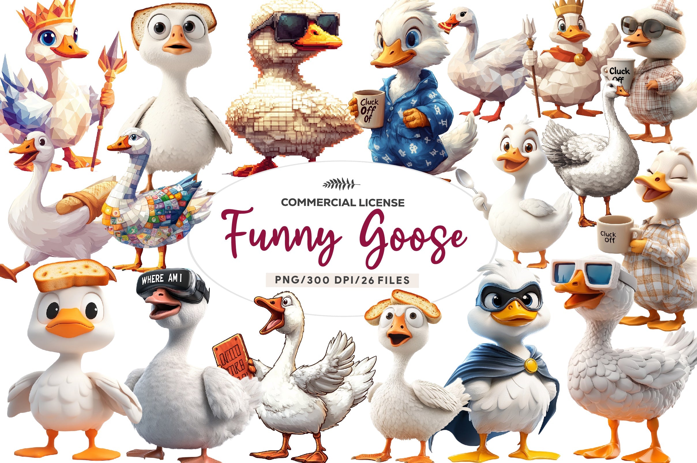 Blocky Style Funny Goose Clipart Bundle