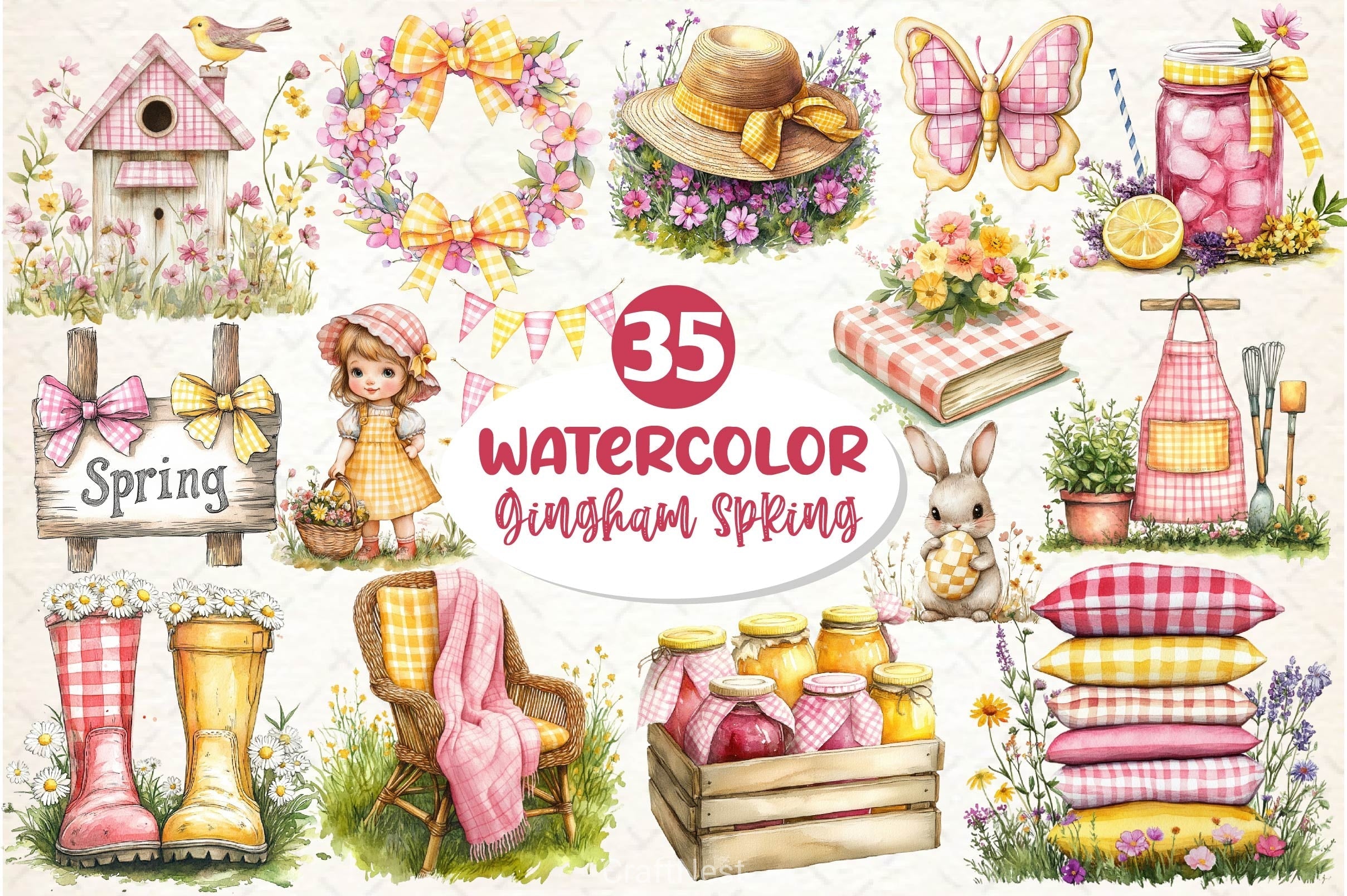 Yellow & Pink Gingham Spring Clipart Bundle