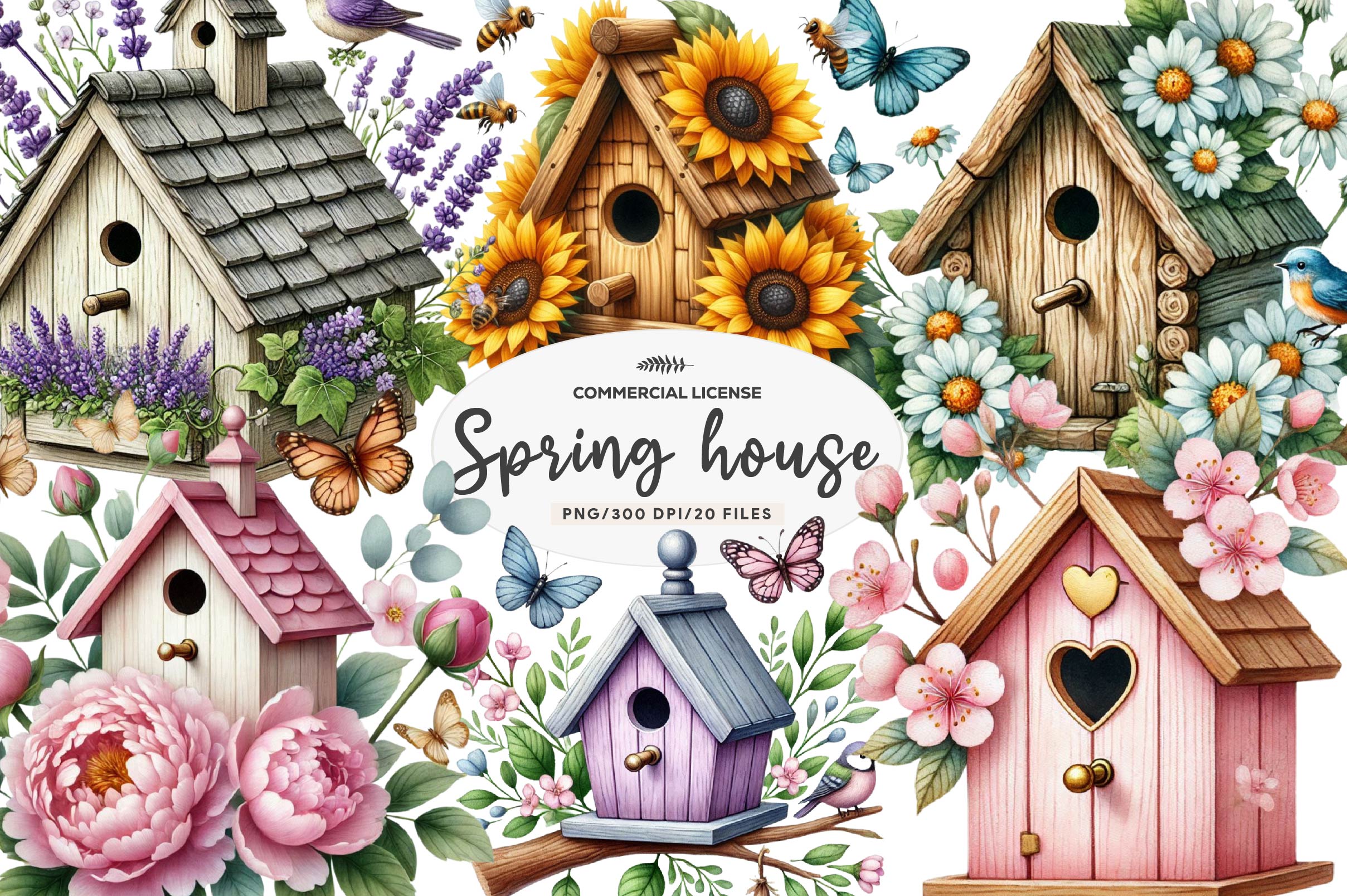 Spring Bird House Clipart Bundle