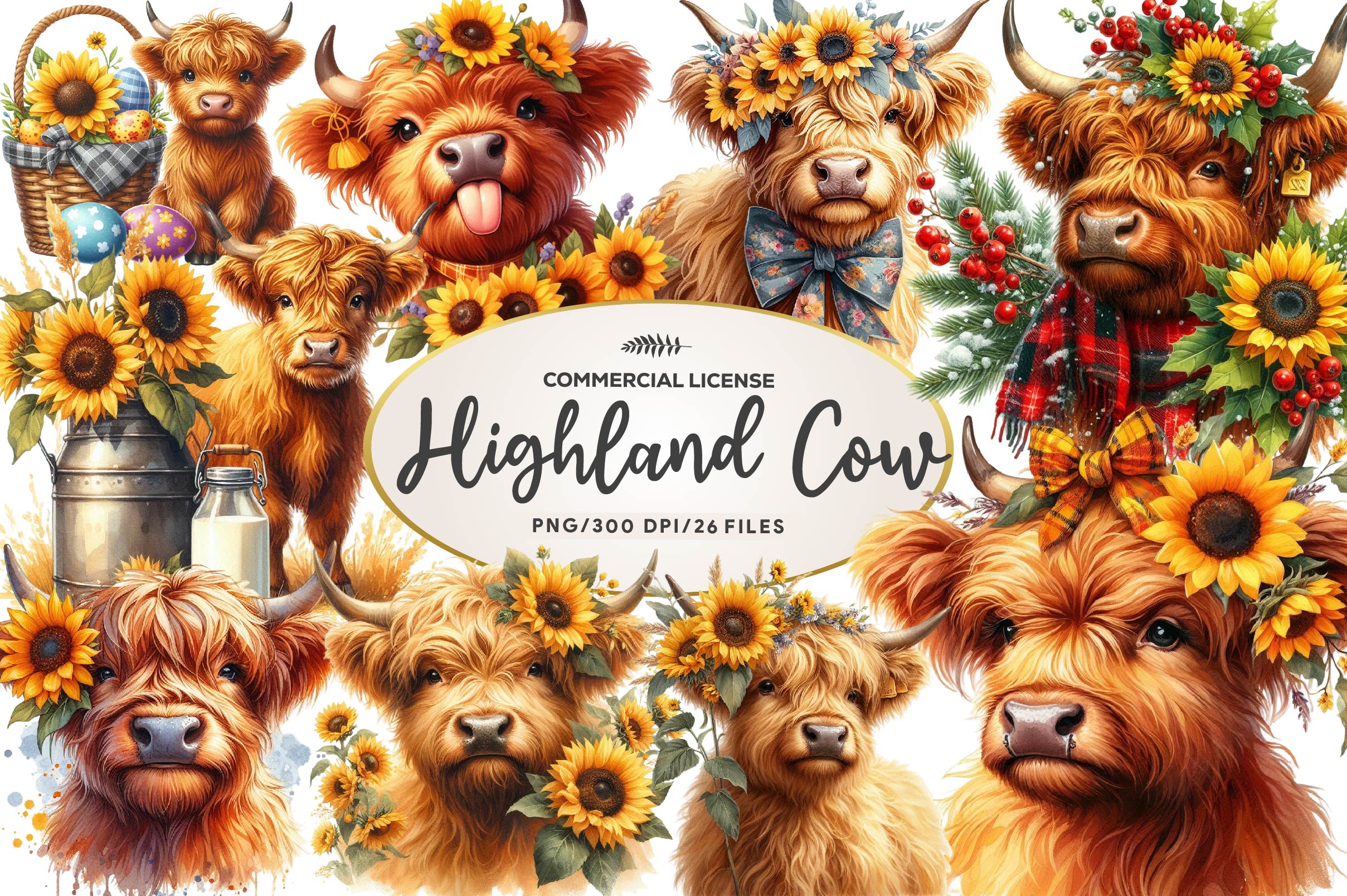 Sunflower Highland Cow Clipart Bundle
