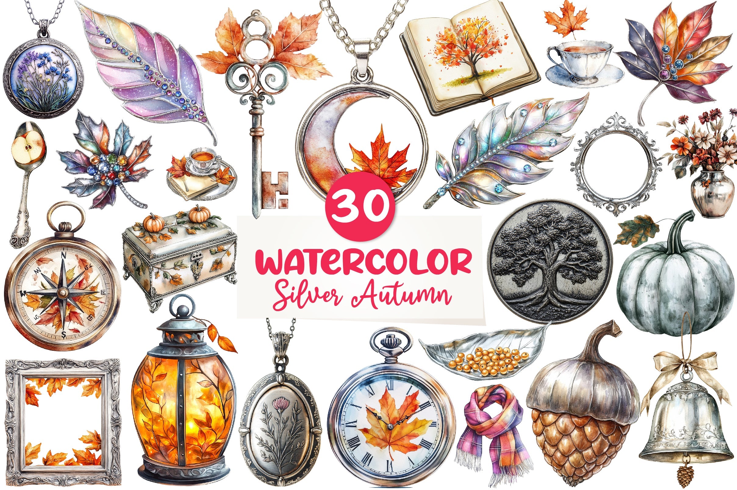 Silver Vintage Aesthetic Autumn Clipart Bundle