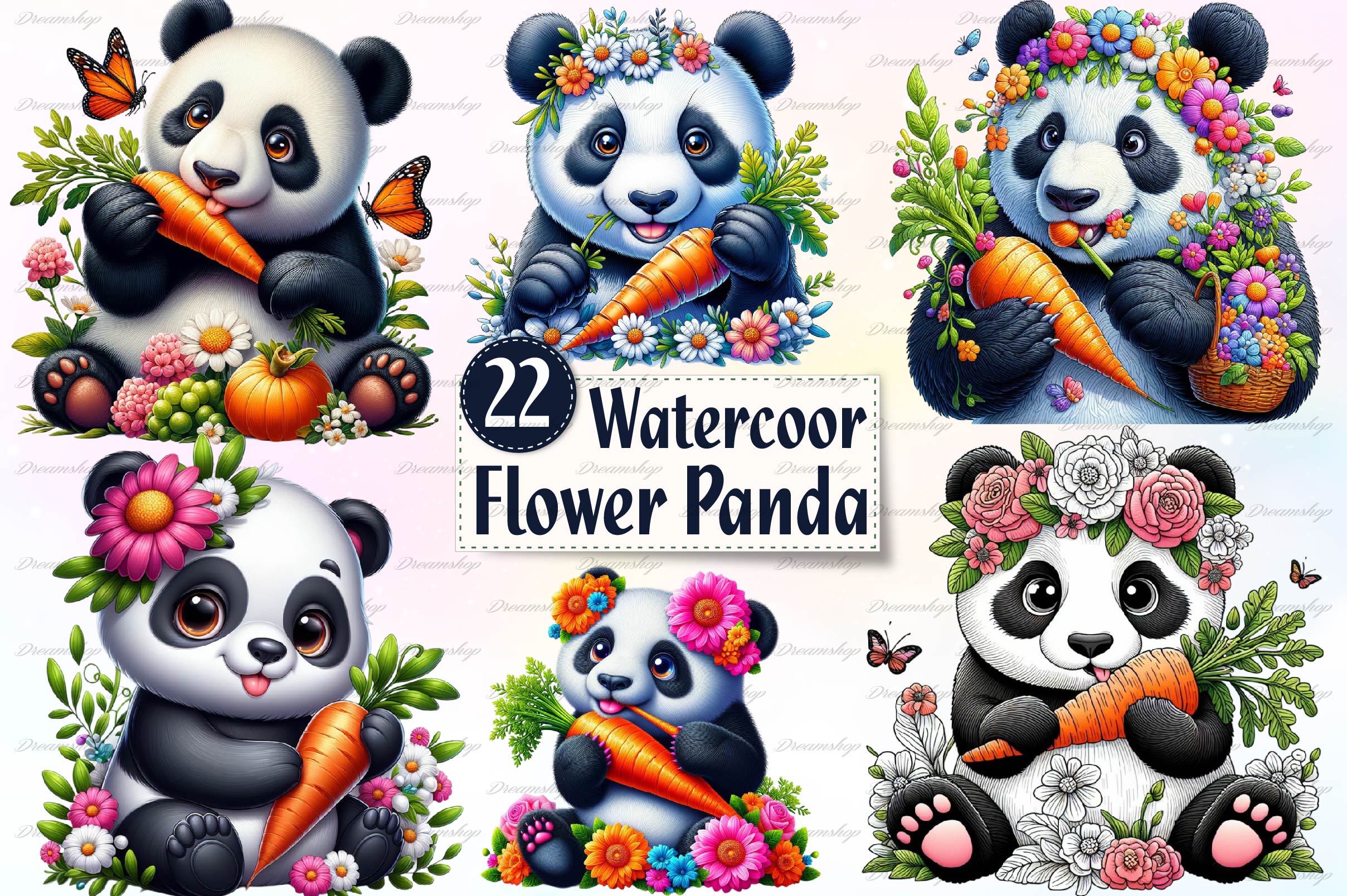 Flower Panda Clipart Bundle