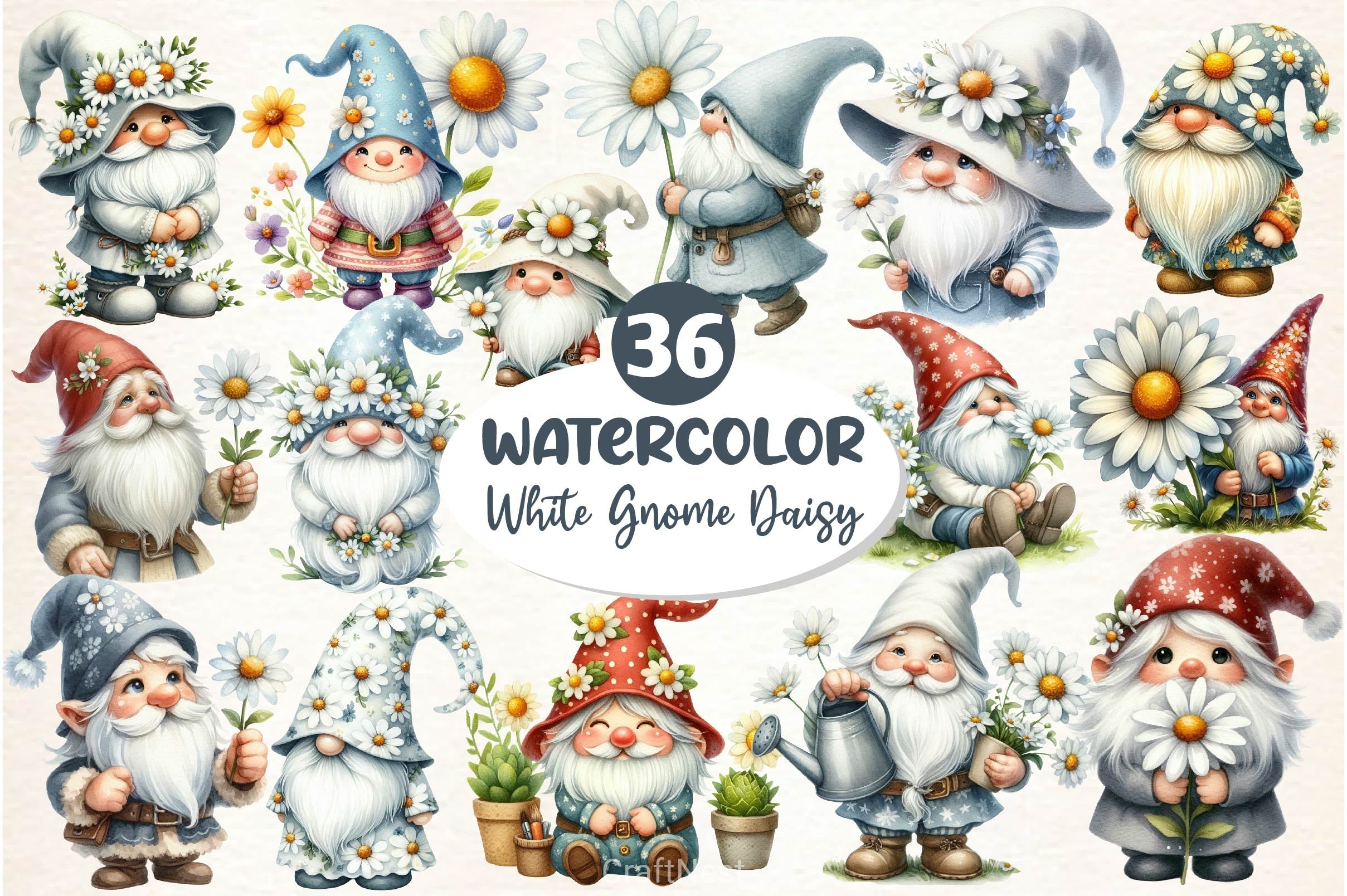 White Gnome Daisy Clipart Bundle 2
