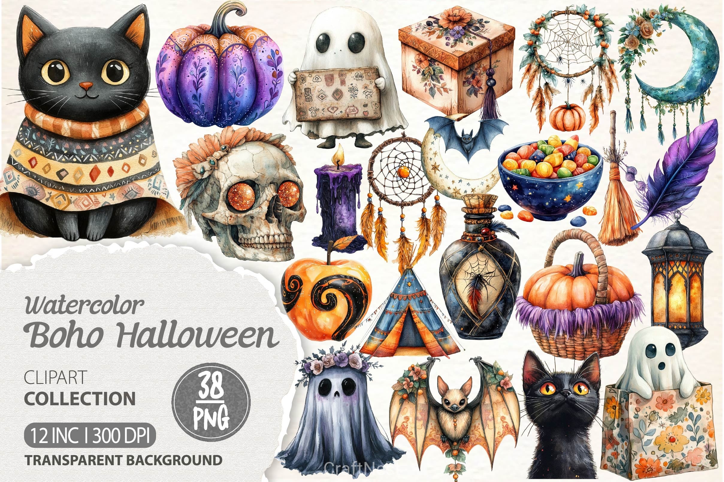 Boho Halloween Trick Or Treat Clipart Bundle 2