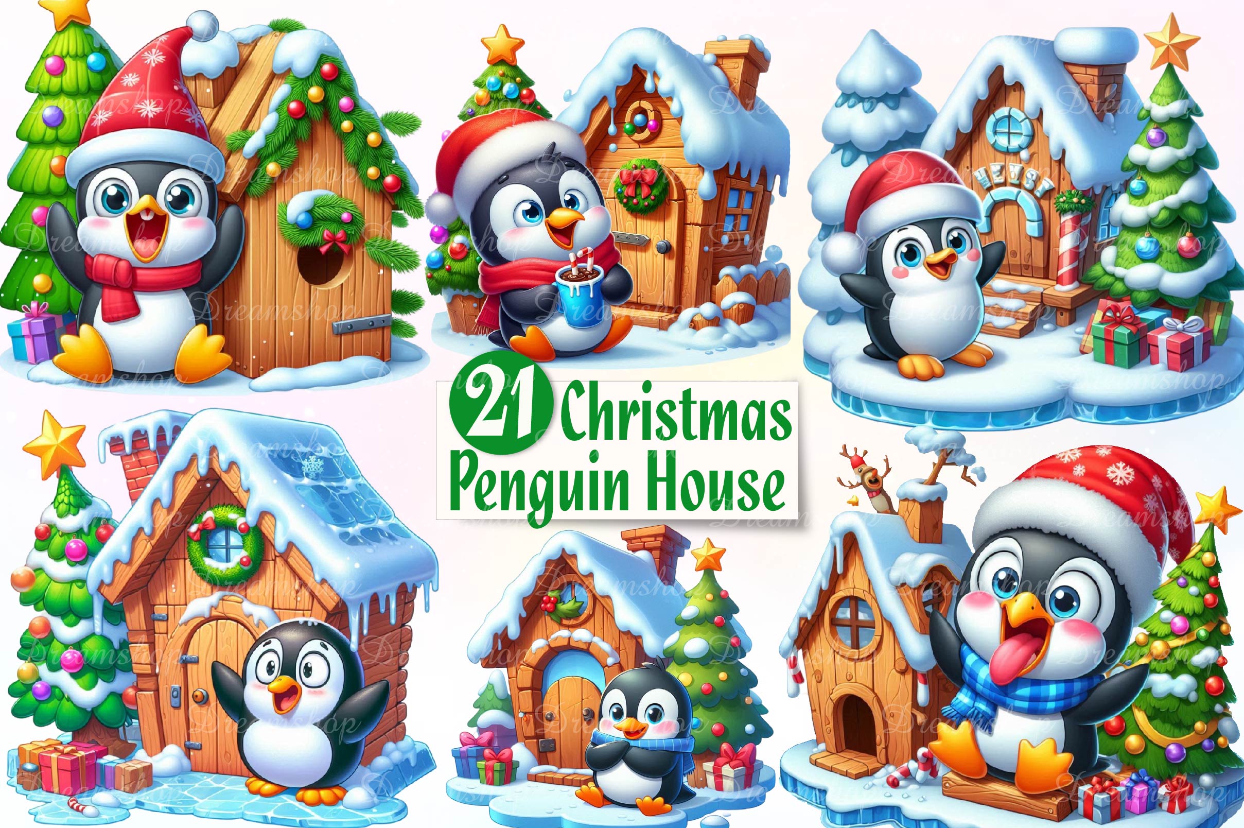 Christmas Funny Penguin House Clipart Bundle