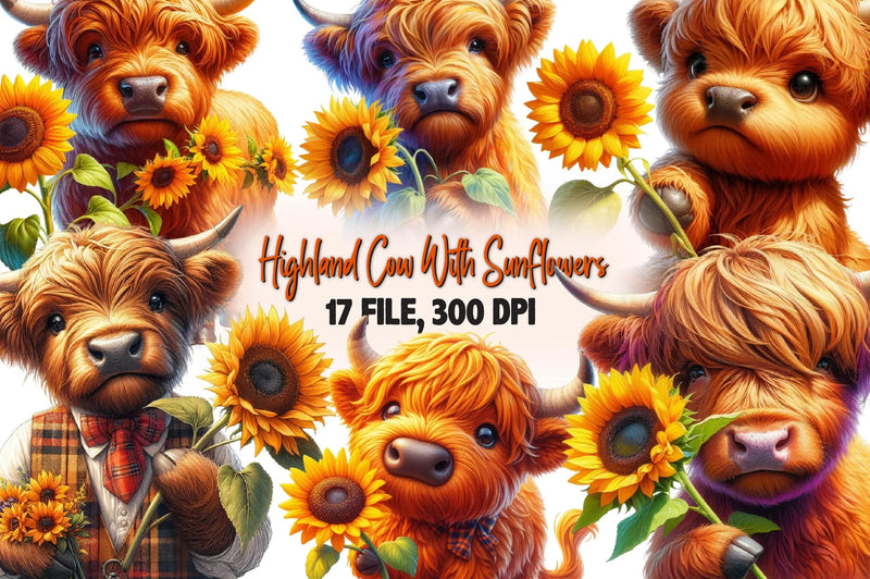 Highland Cow With Sunflowers Clipart Bundle - CraftNest - Digital Crafting and Art