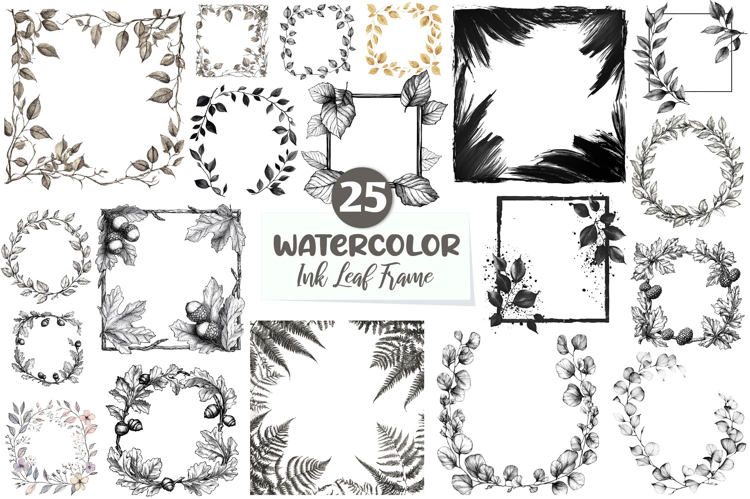 Ink Leaf Frame Backgrounds Bundle