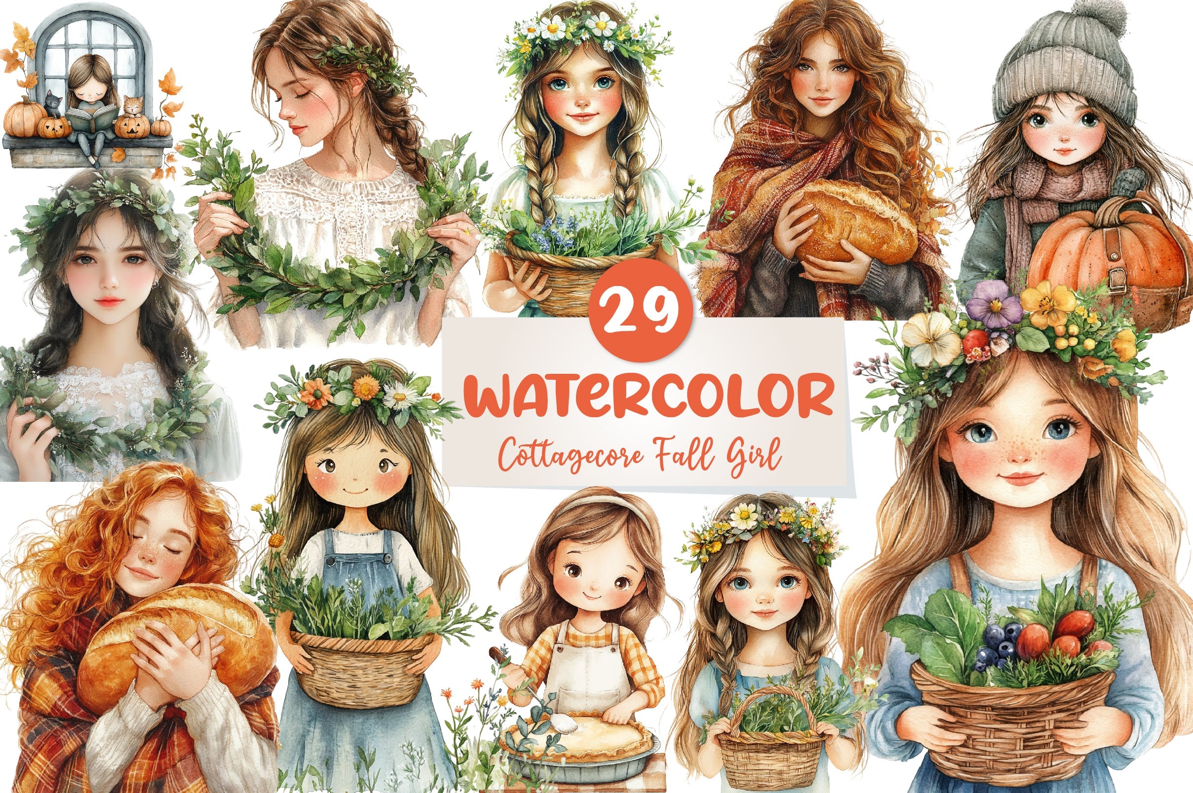 Cottagecore Fall Girl Clipart Bundle