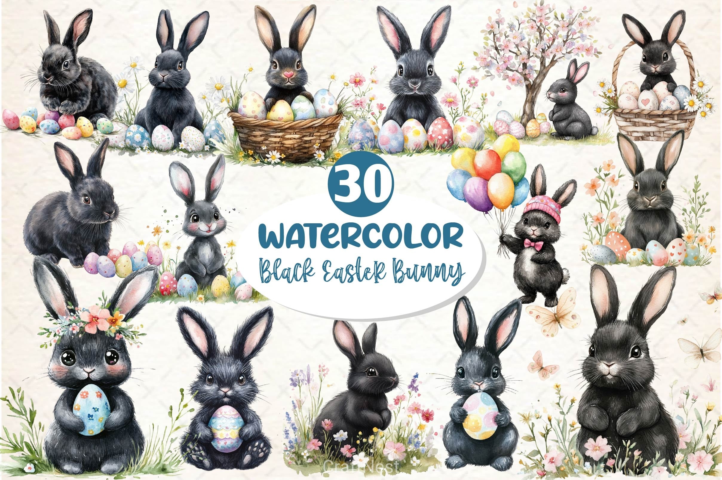 Cute Black Easter Bunny Clipart Bundle 2