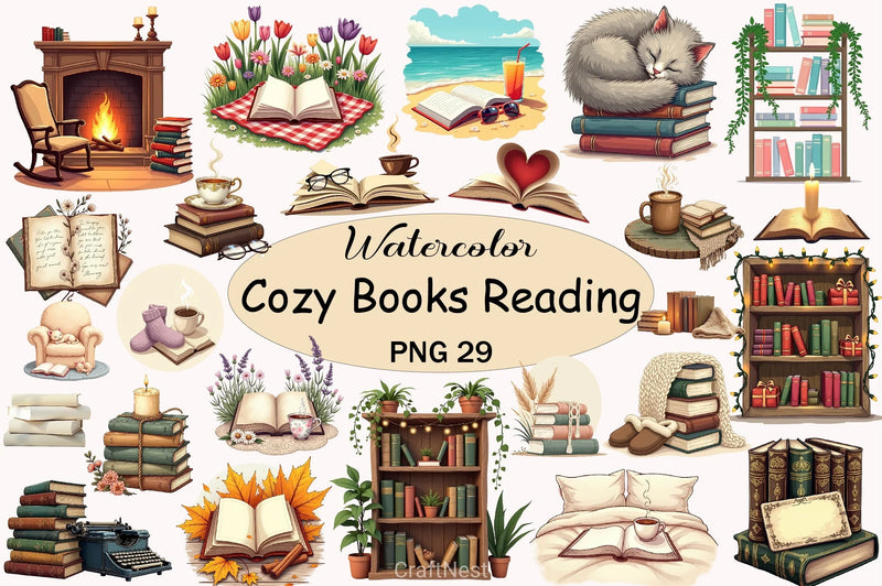 Cozy Books Reading Nook Clipart Bundle - CraftNest - Digital Crafting and Art