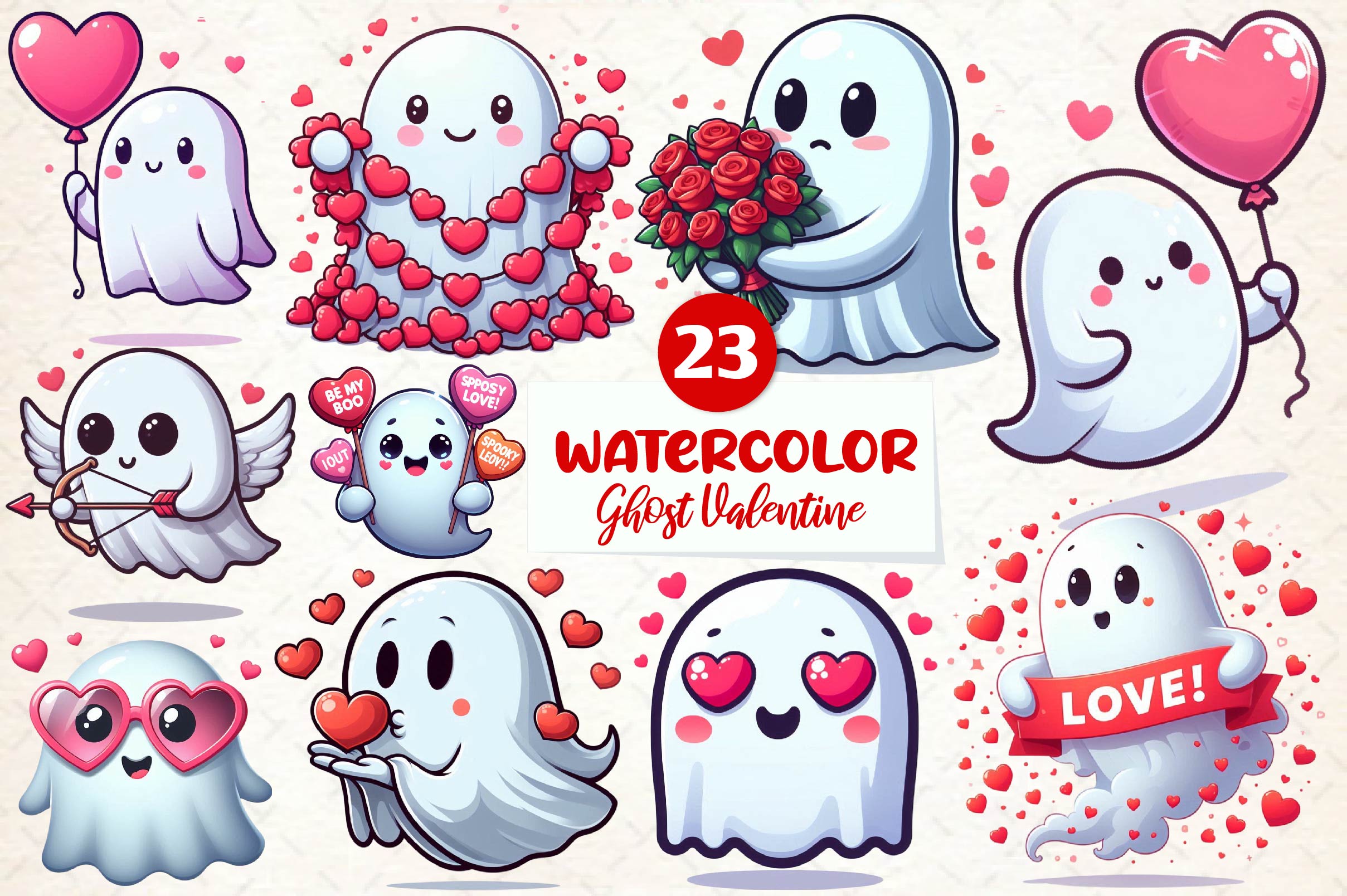 Cute Ghost Valentine Day Clipart Bundle