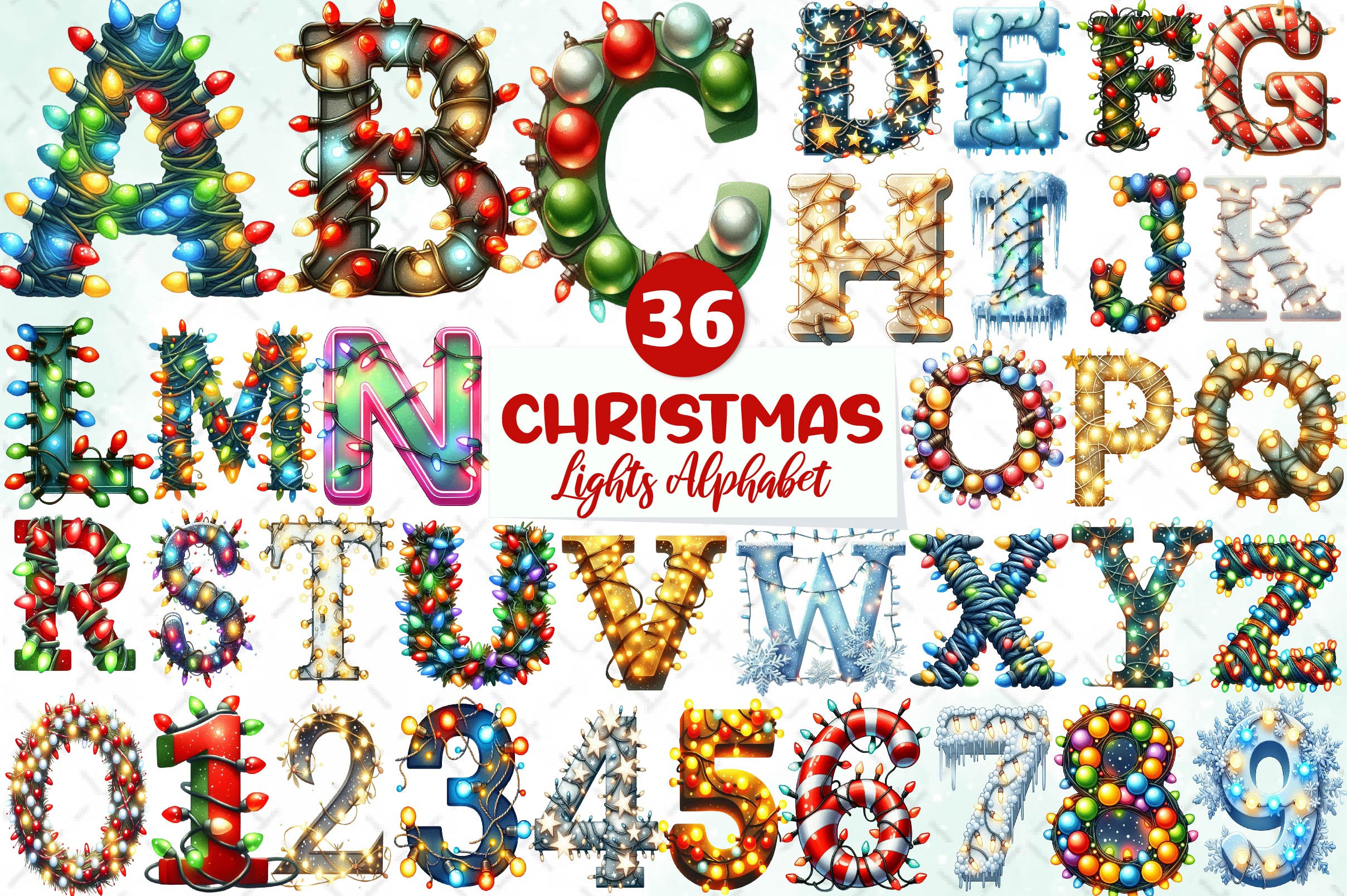 Christmas Lights Applique Alphabet Clipart Bundle