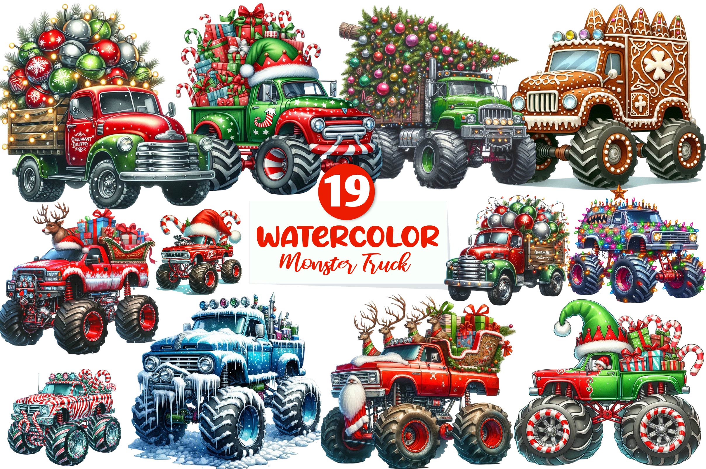 Christmas Monster Truck Clipart Bundle