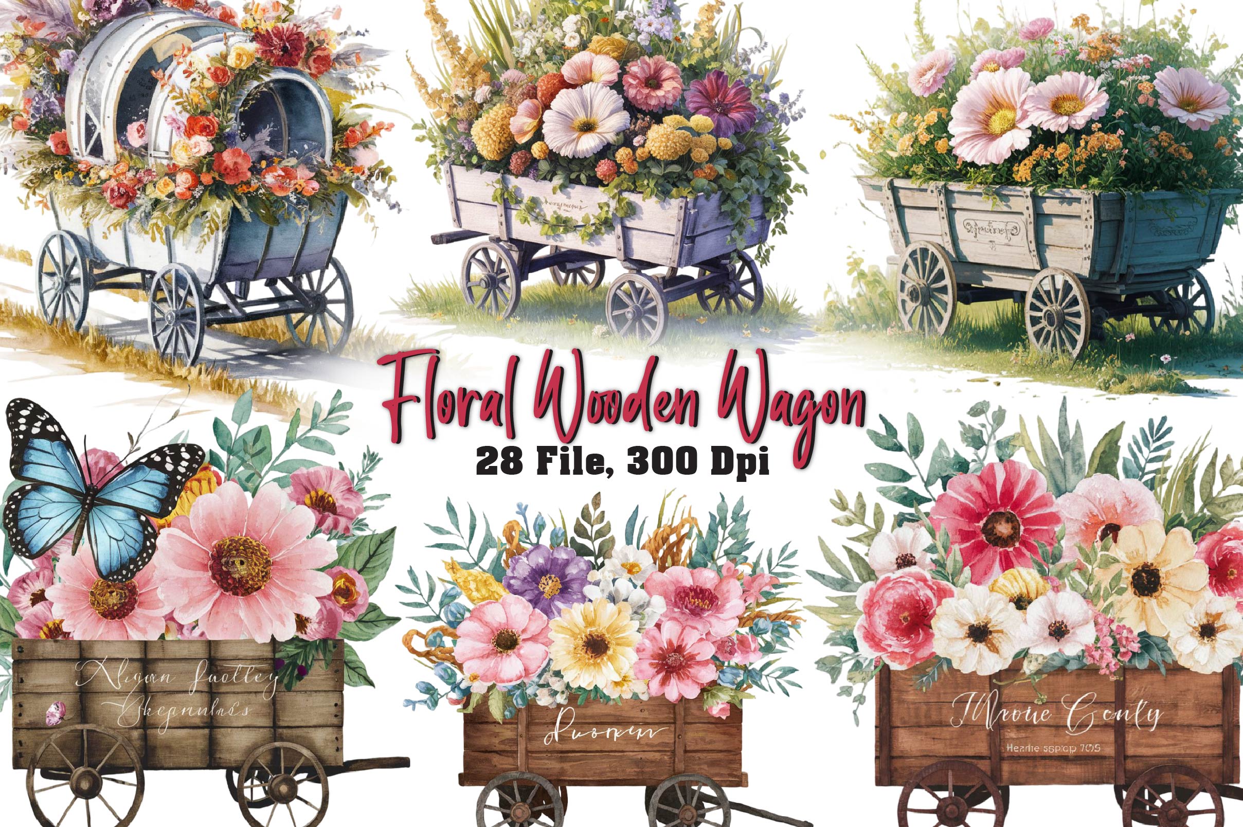 Floral Wooden Wagon Clipart Bundle