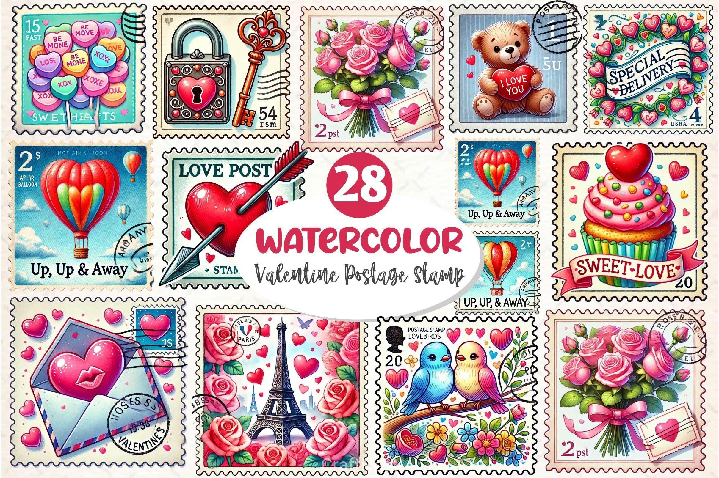 Valentine Postage Stamp Clipart Bundle