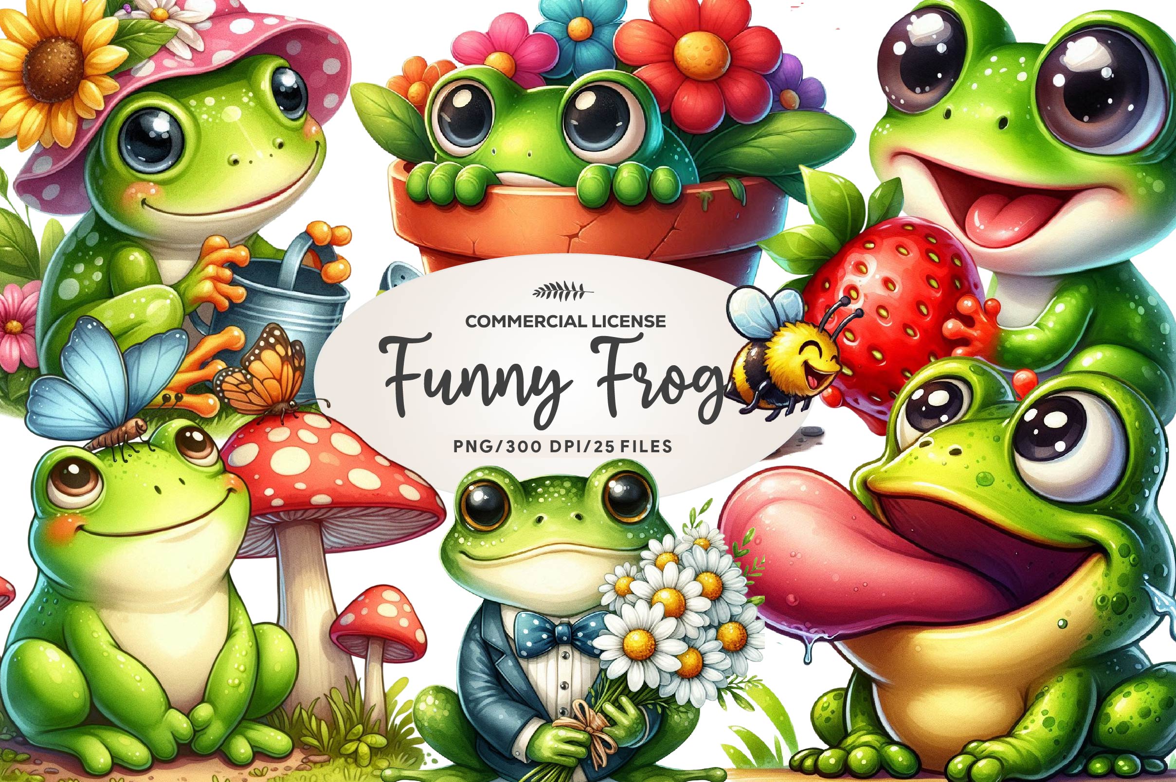 Spring Funny Frog Clipart Bundle