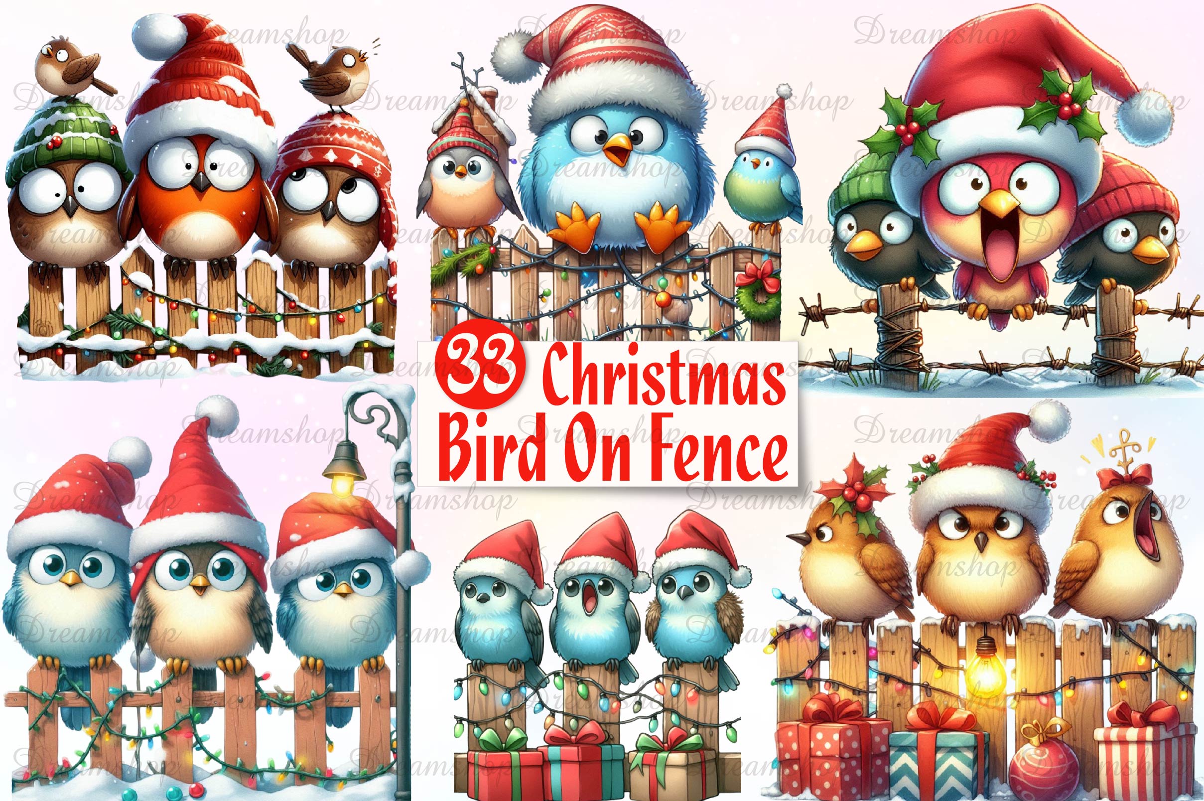Christmas Bird On Fence Clipart Bundle