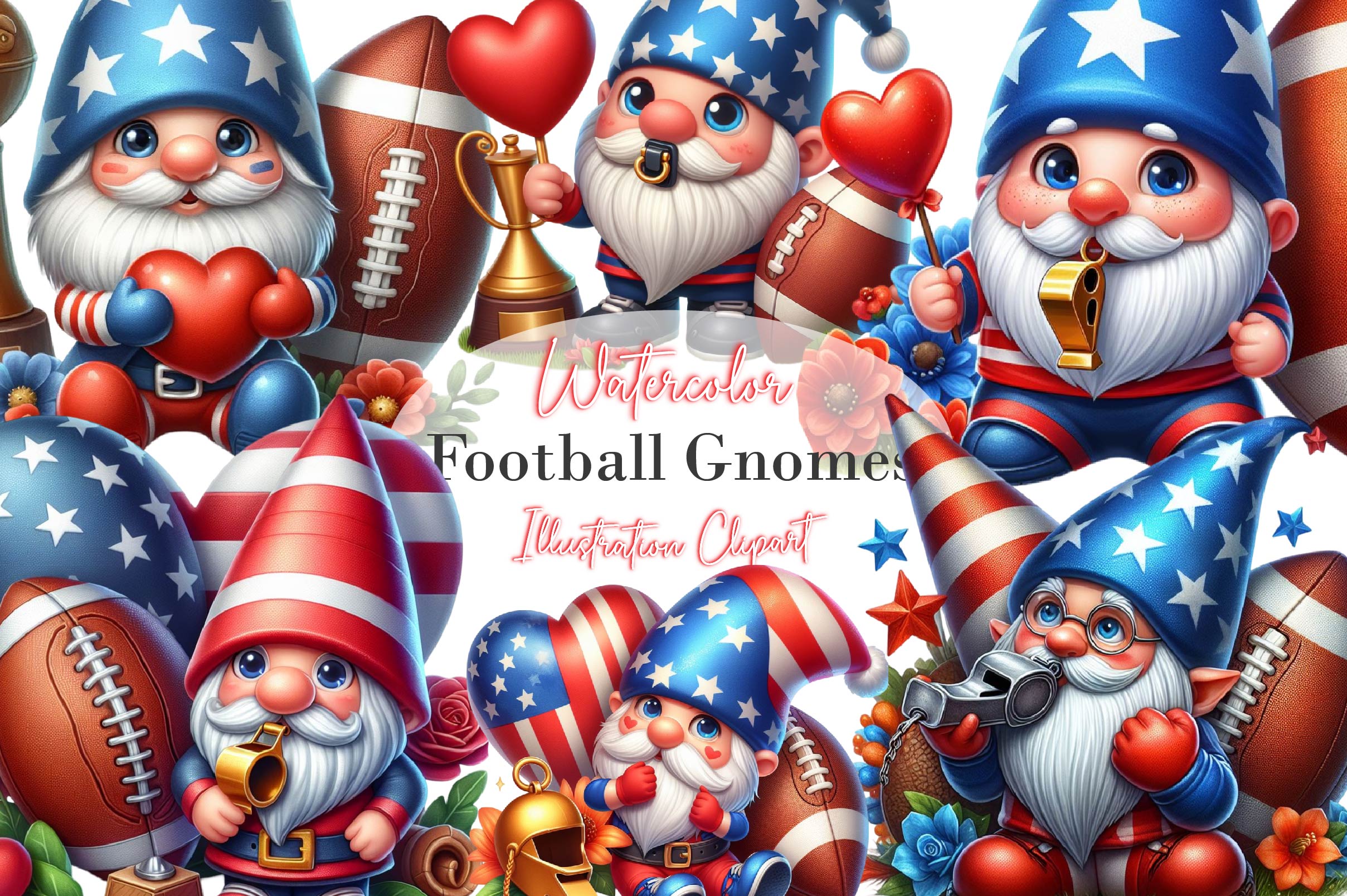 Adorable American Football Gnomes Clipart Bundle