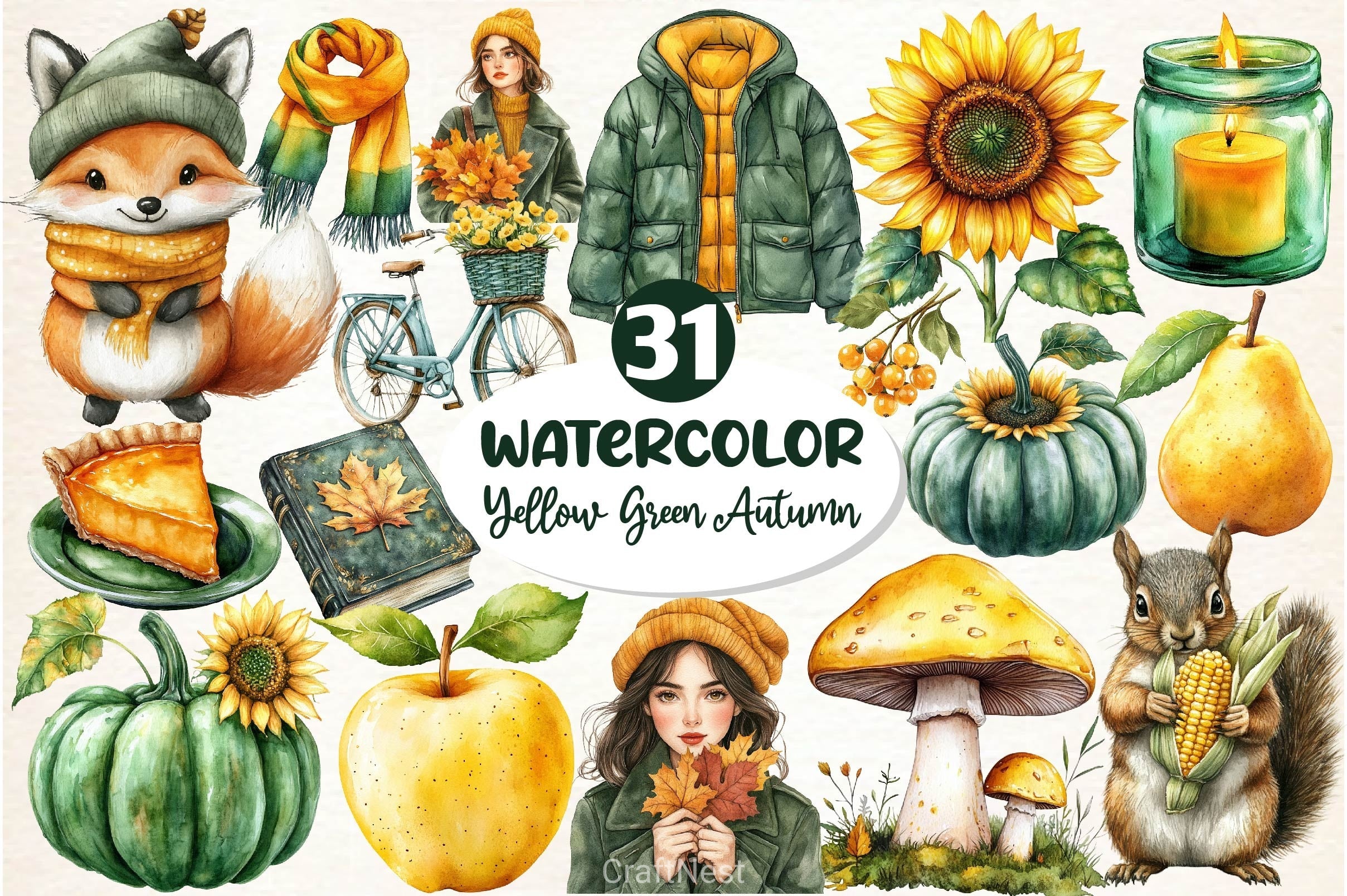 Yellow & Green Autumn Clipart Bundle
