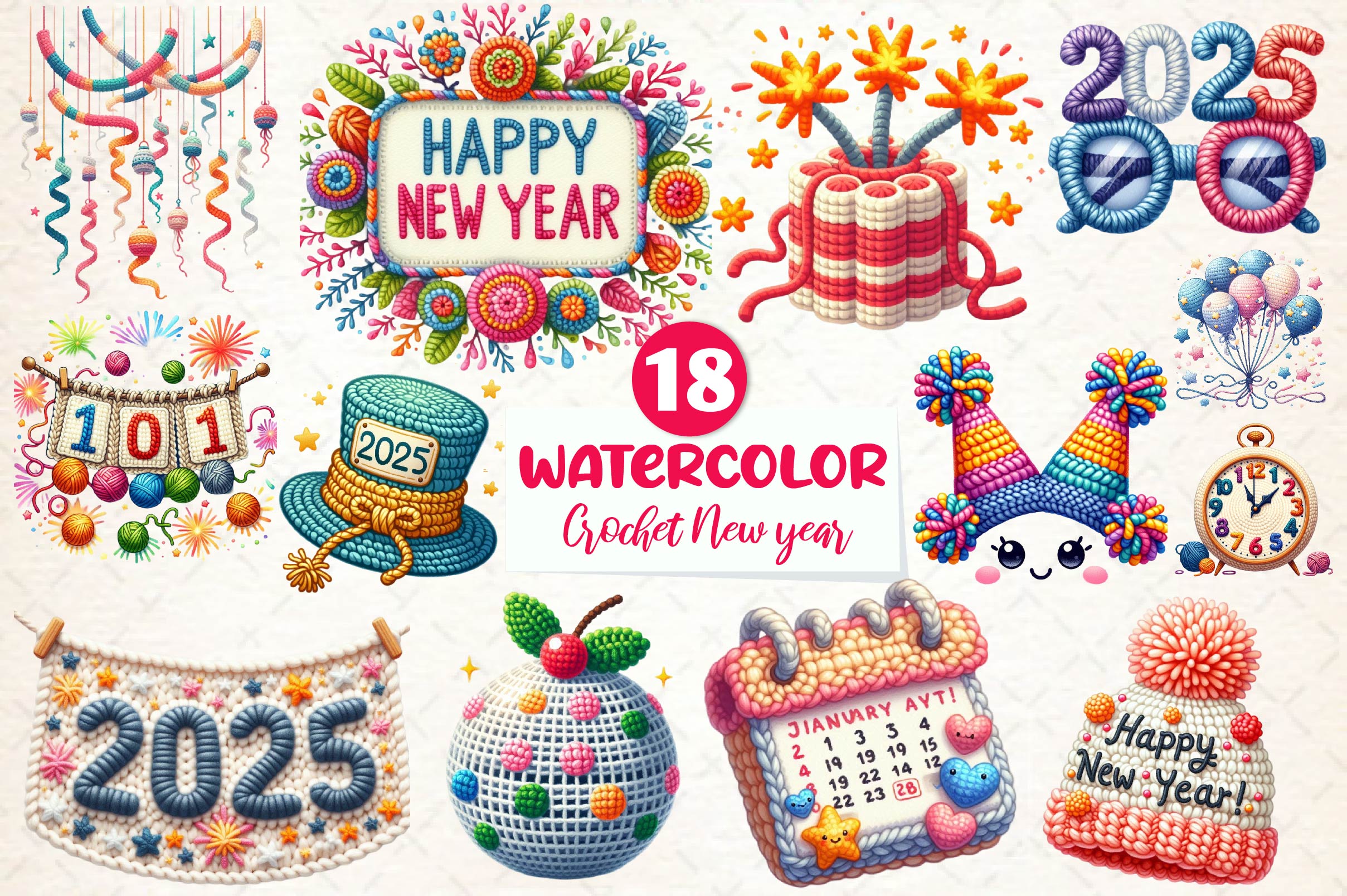 Crochet New Year Clipart Bundle