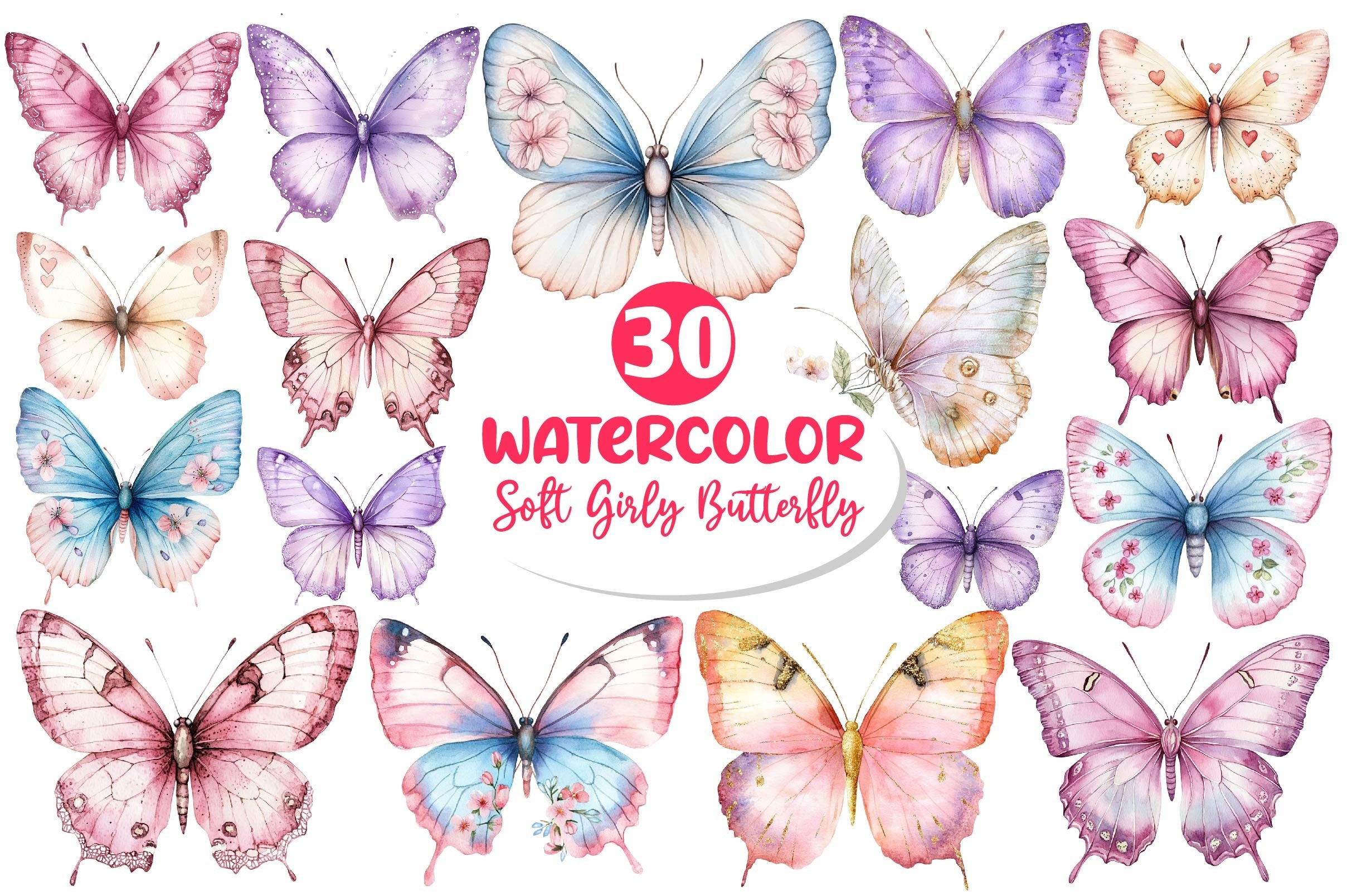 Soft Girly Butterfly Clipart Bundle