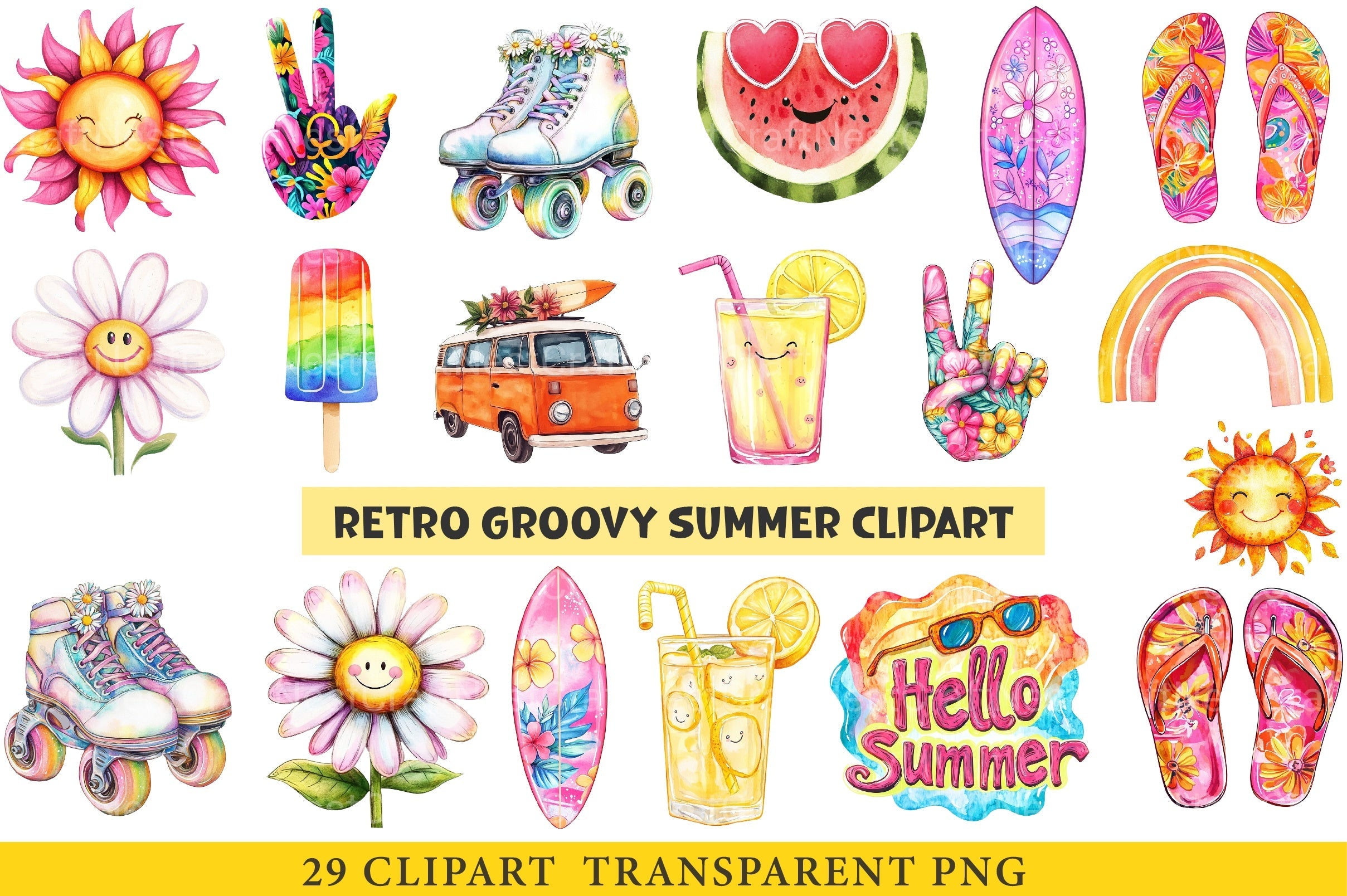 Retro Groovy Summer Clipart Bundle