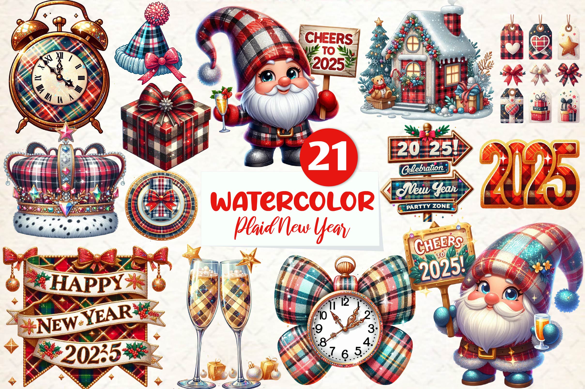 Glittery Plaid New Year 2025 Clipart Bundle
