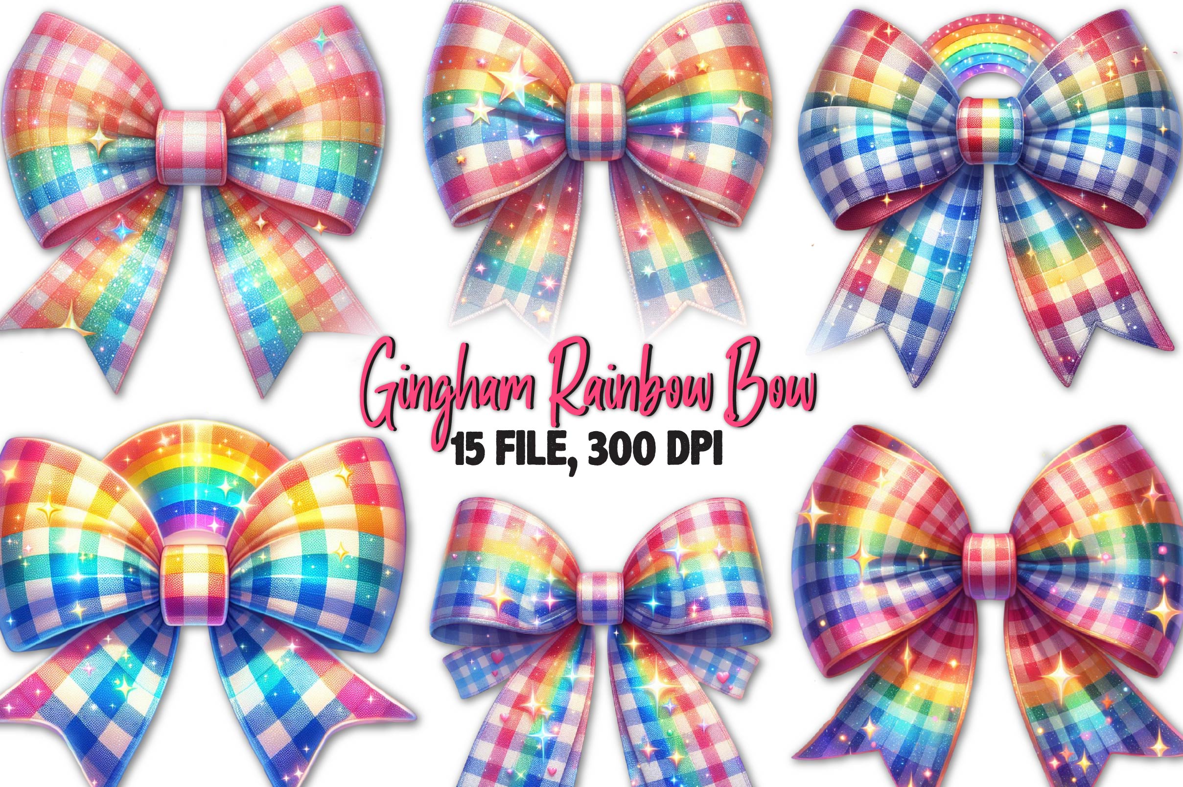 Gingham Rainbow Bow Clipart Bundle