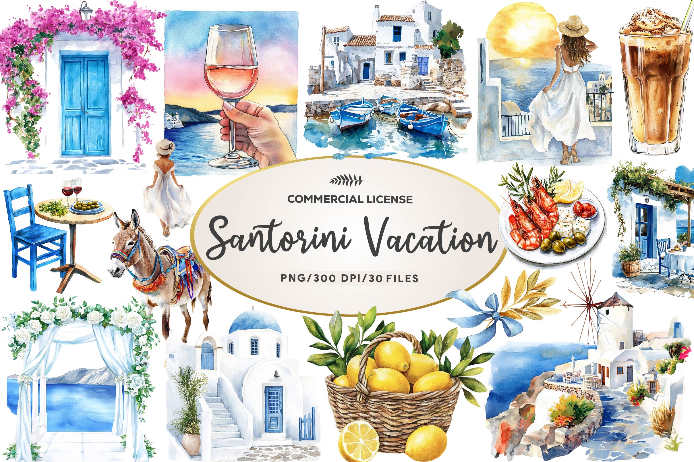 Summer Santorini Vacation Clipart Bundle 1