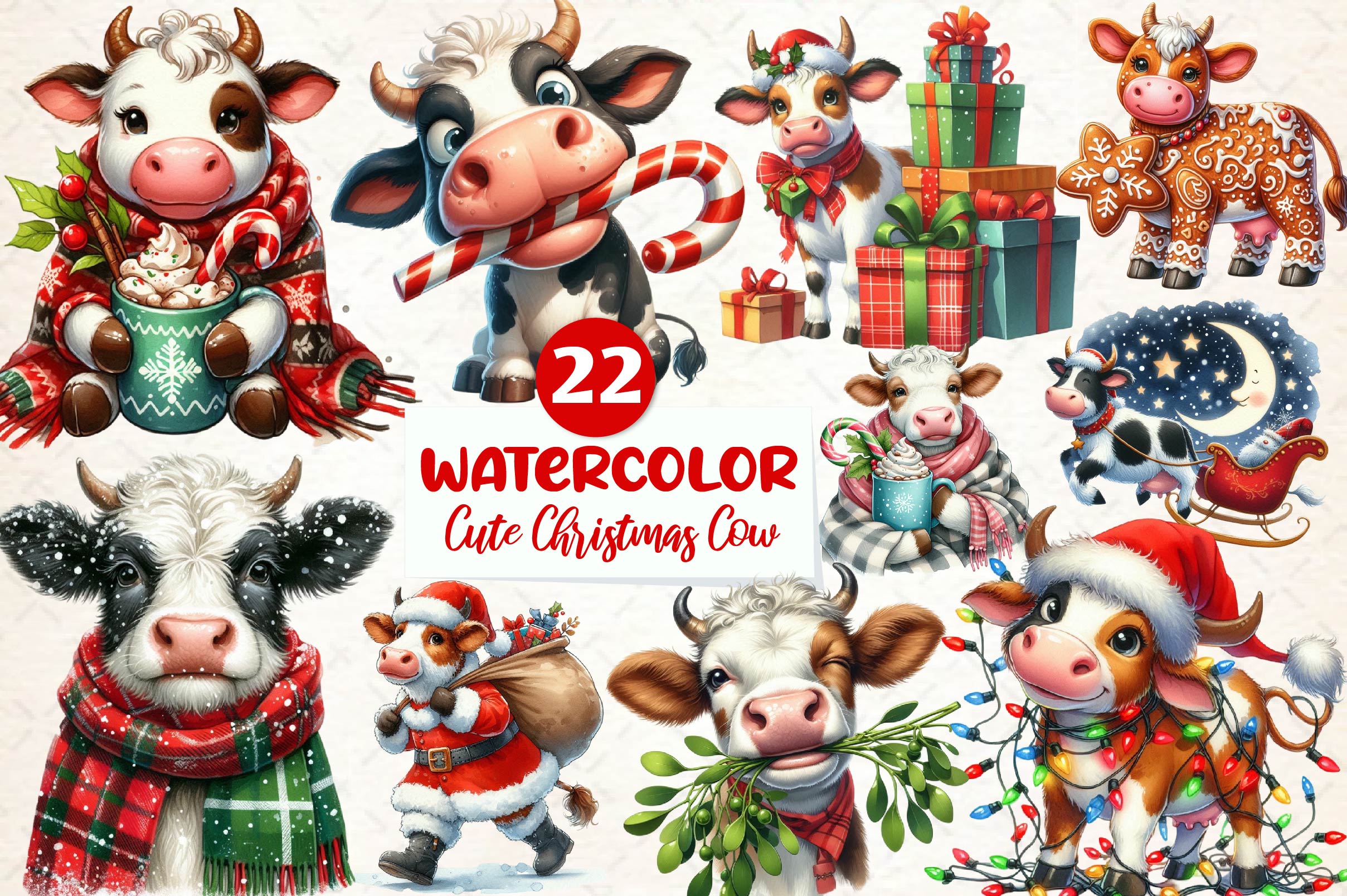 Cute Christmas Cow Clipart Bundle