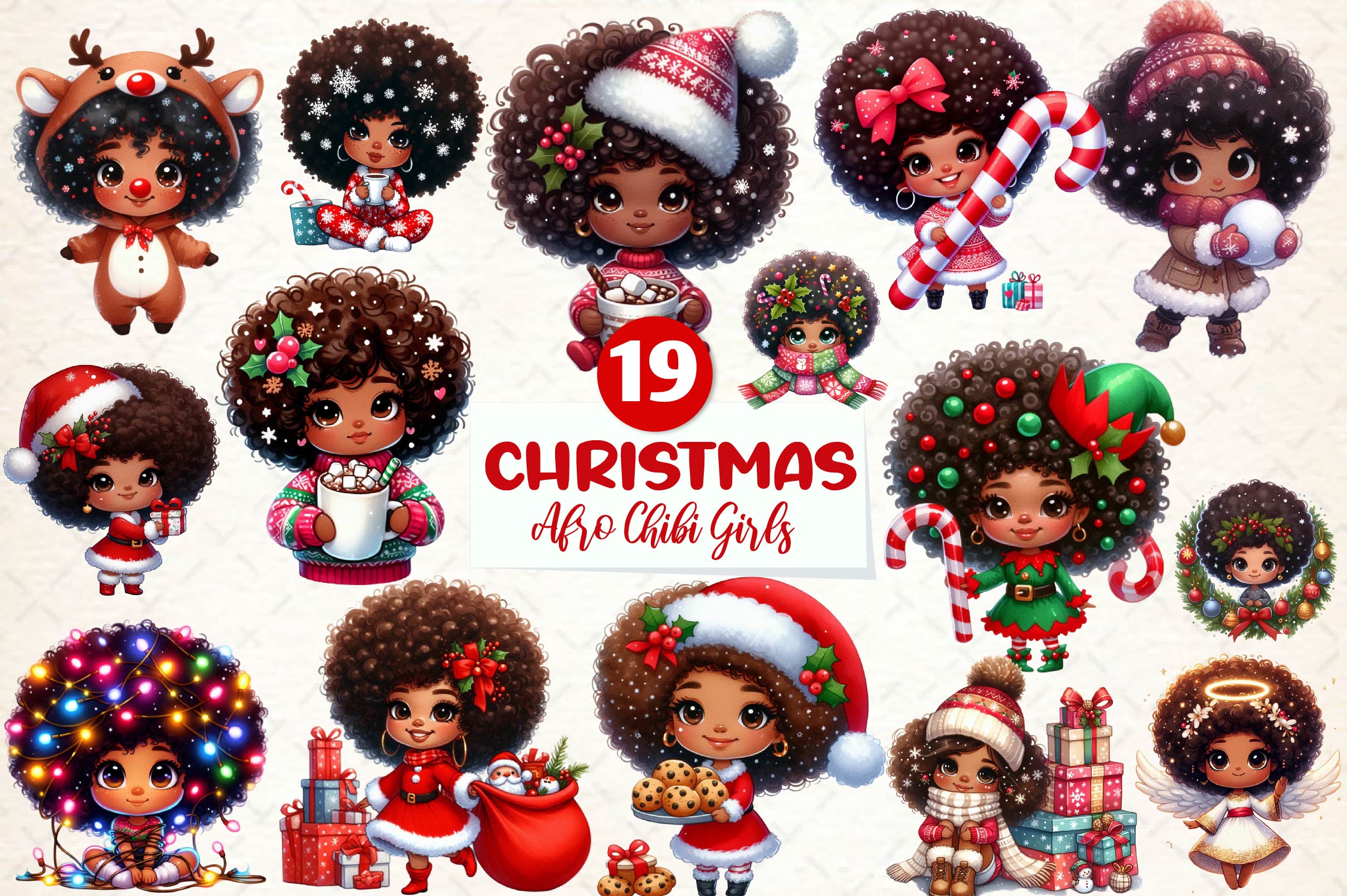 Christmas Afro Chibi Girls Clipart Bundle