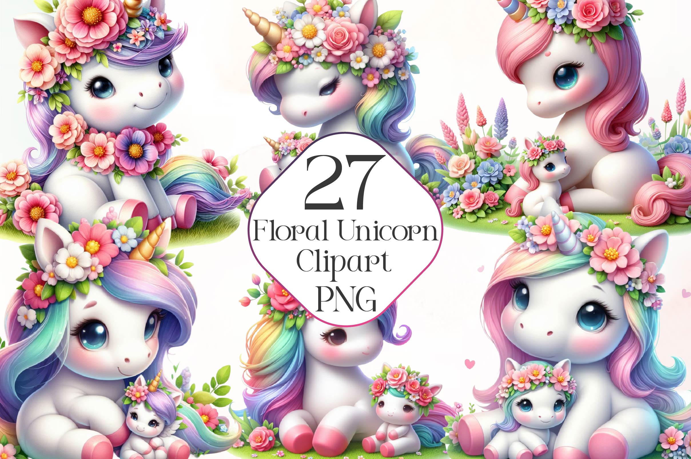 Cute Floral Unicorn Clipart Bundle