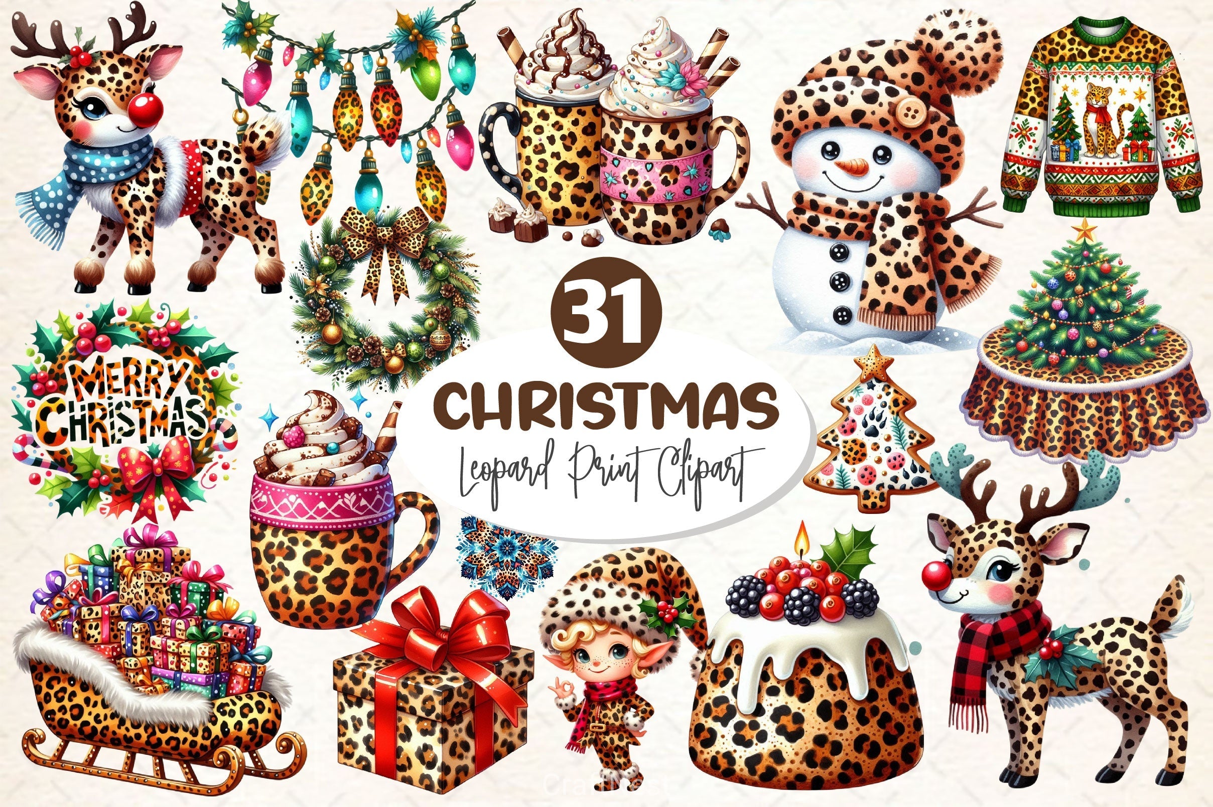 Leopard Print Christmas Clipart Bundle 2