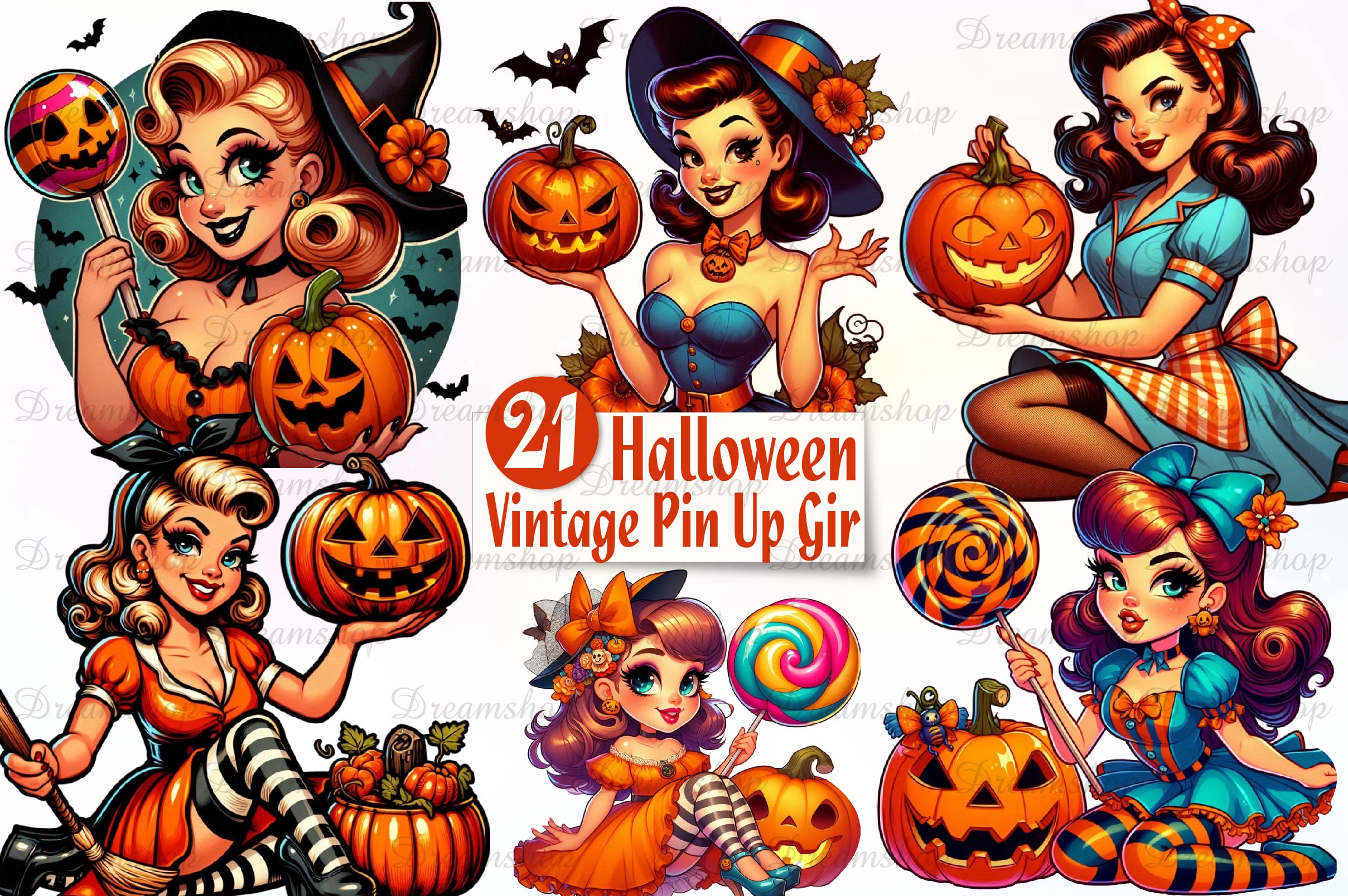 Halloween Vintage Pin Up Girl Clipart Bundle