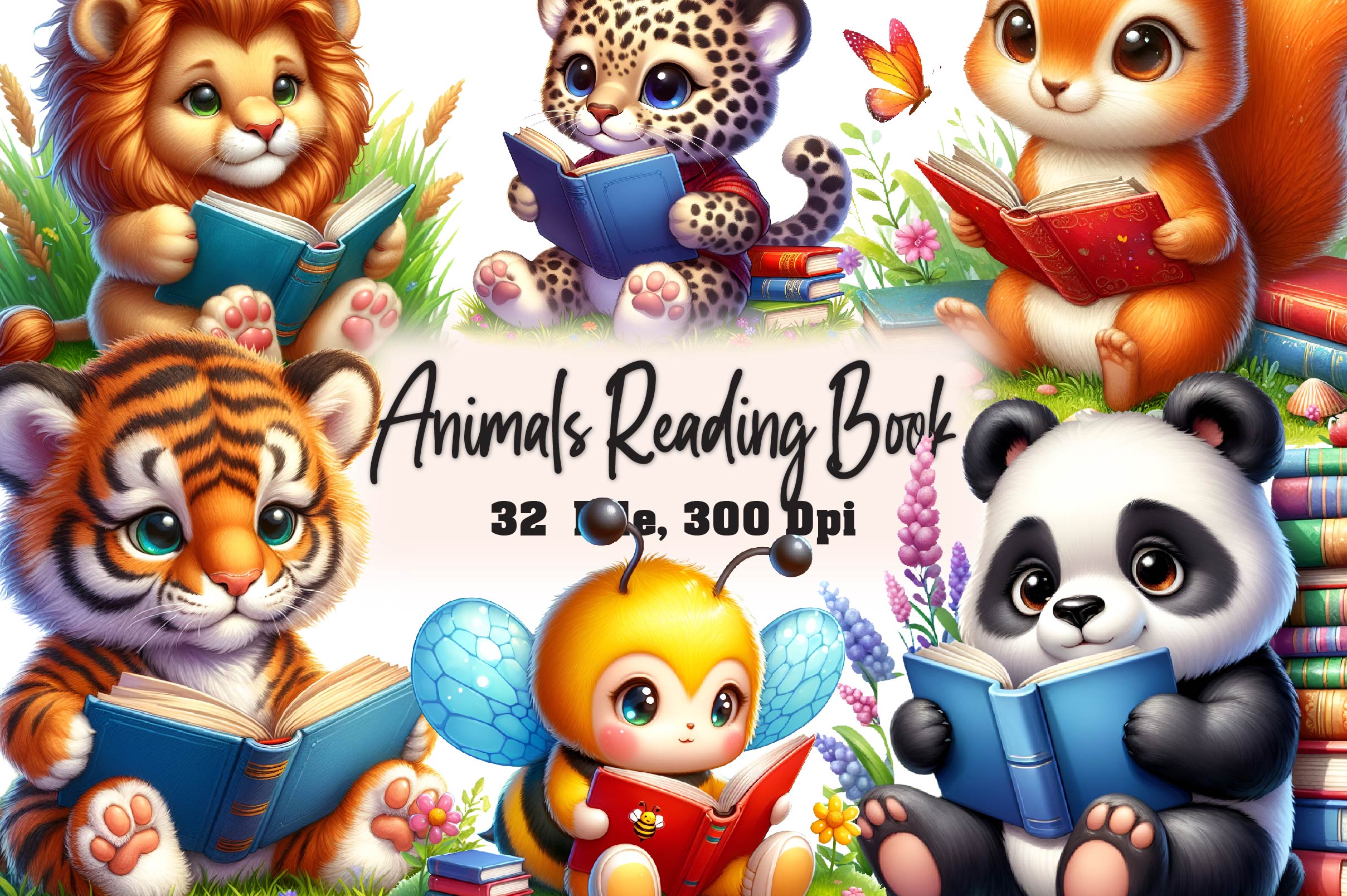 Animals Reading Book Clipart Bundle
