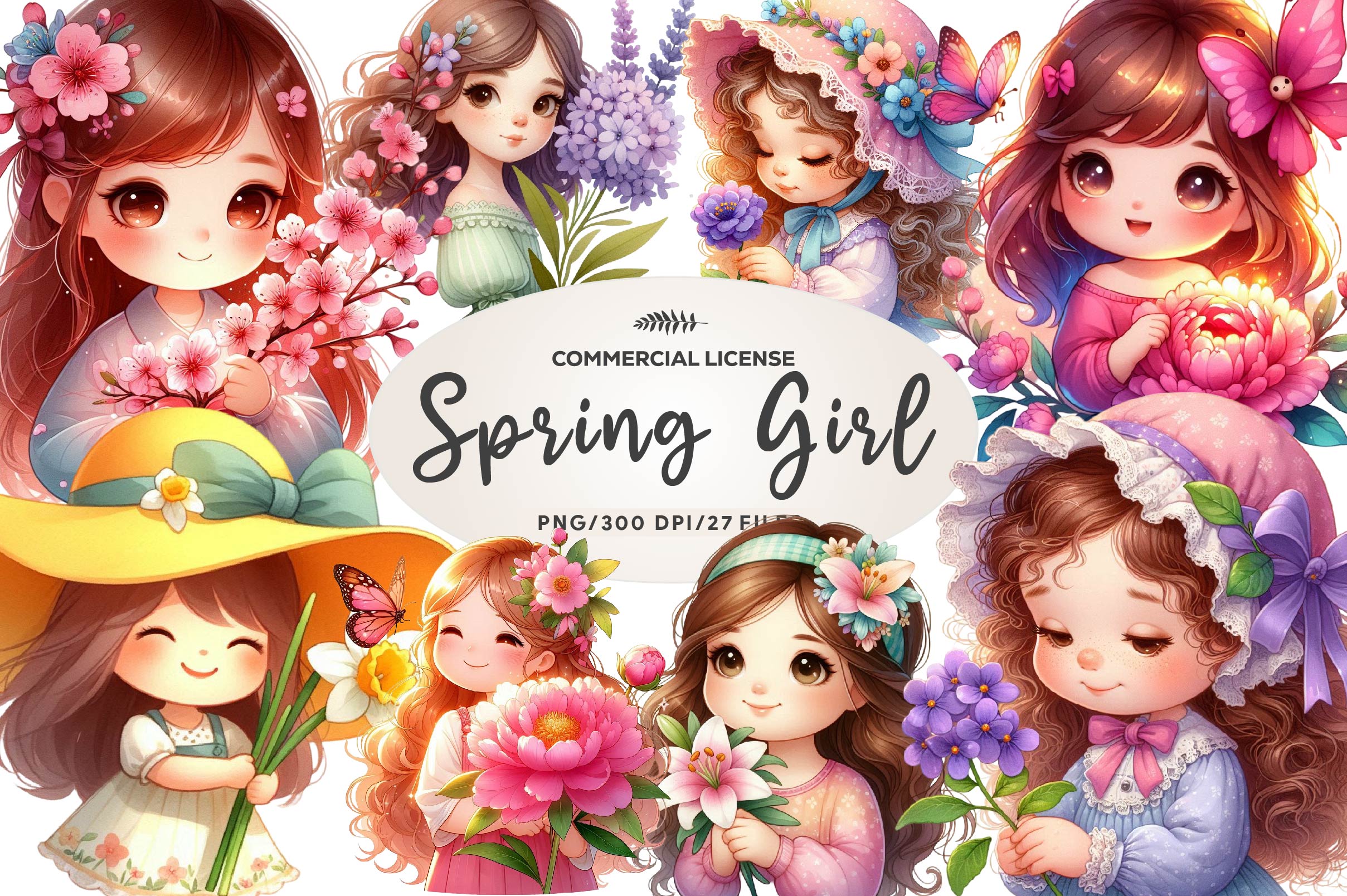 Spring Girl Holding Flower Clipart Bundle