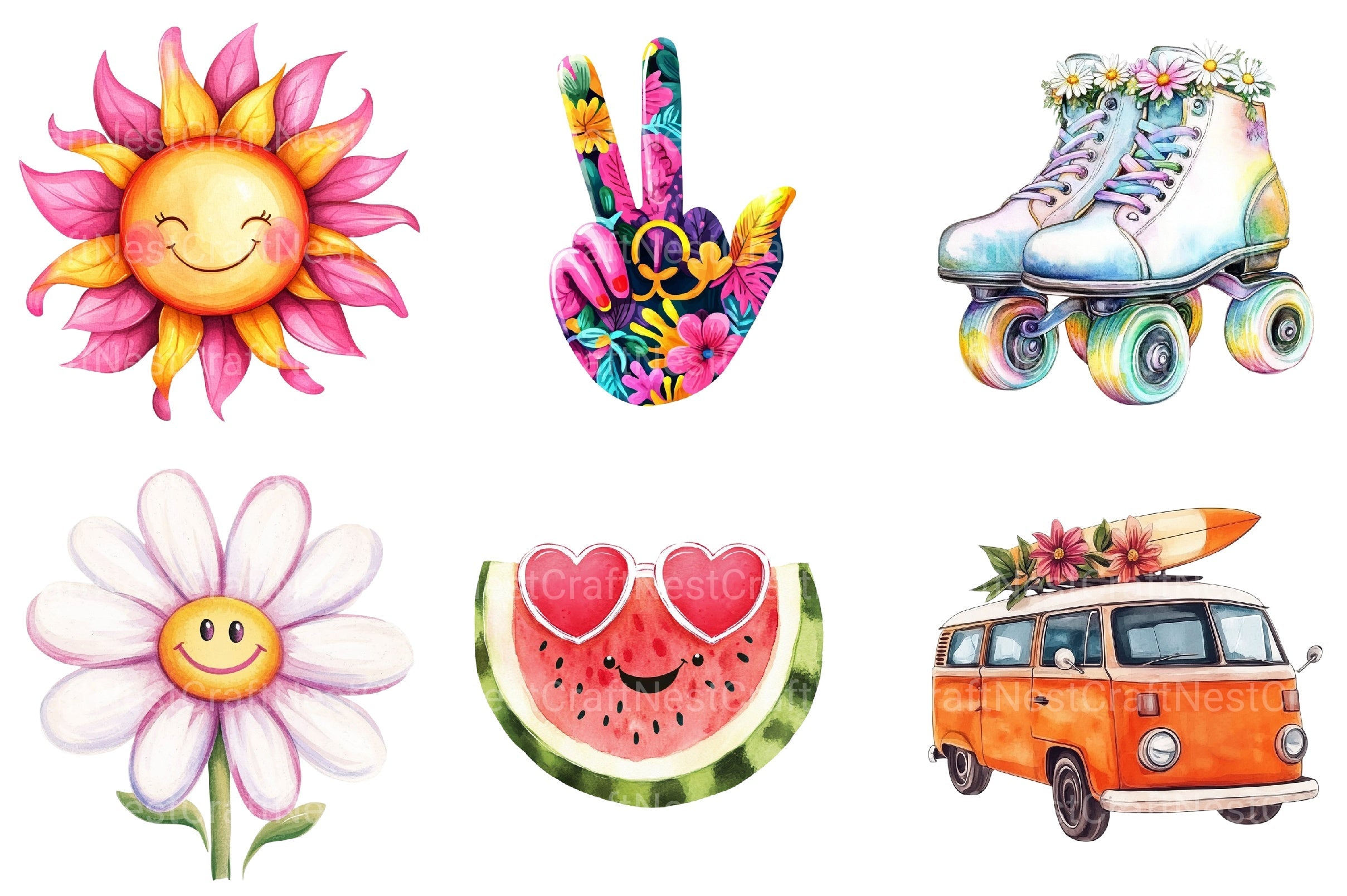 Retro Groovy Summer Clipart Bundle