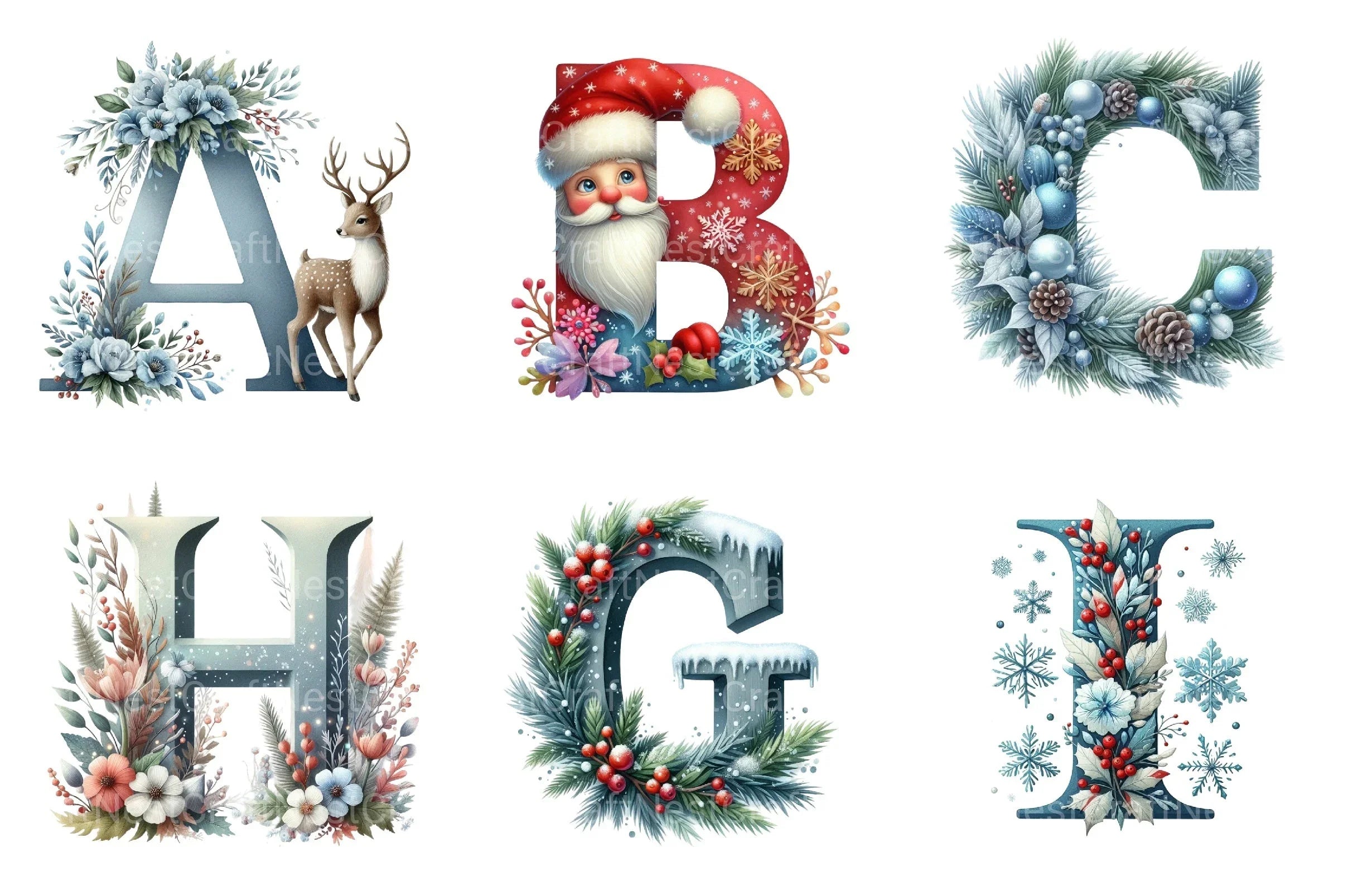 Christmas Alphabet Numbers Reindeer Santa Snowman Clipart Bundle - CraftNest - Digital Crafting and Art